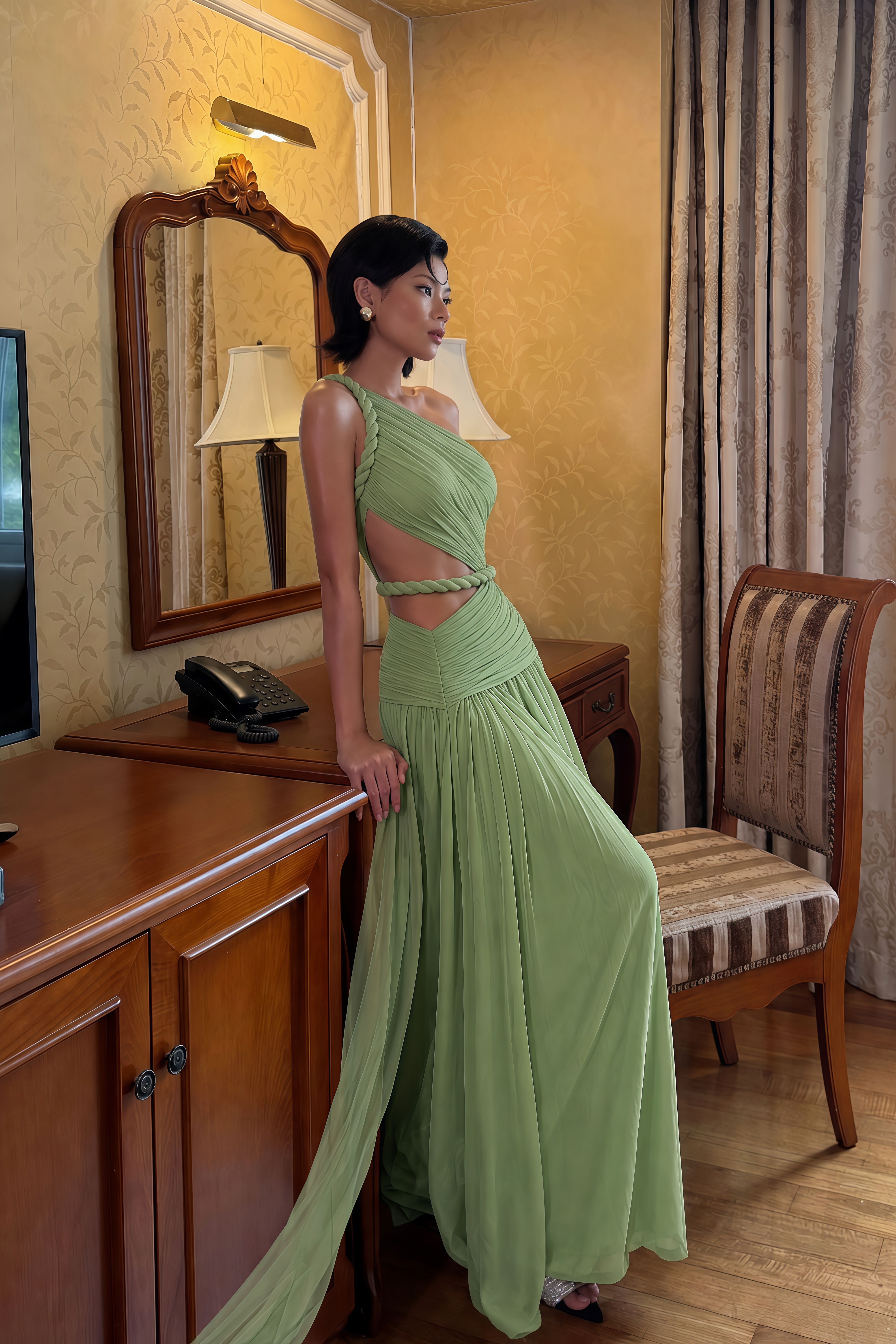 Alicia Green One-Shoulder Cut-Out Maxi Dress