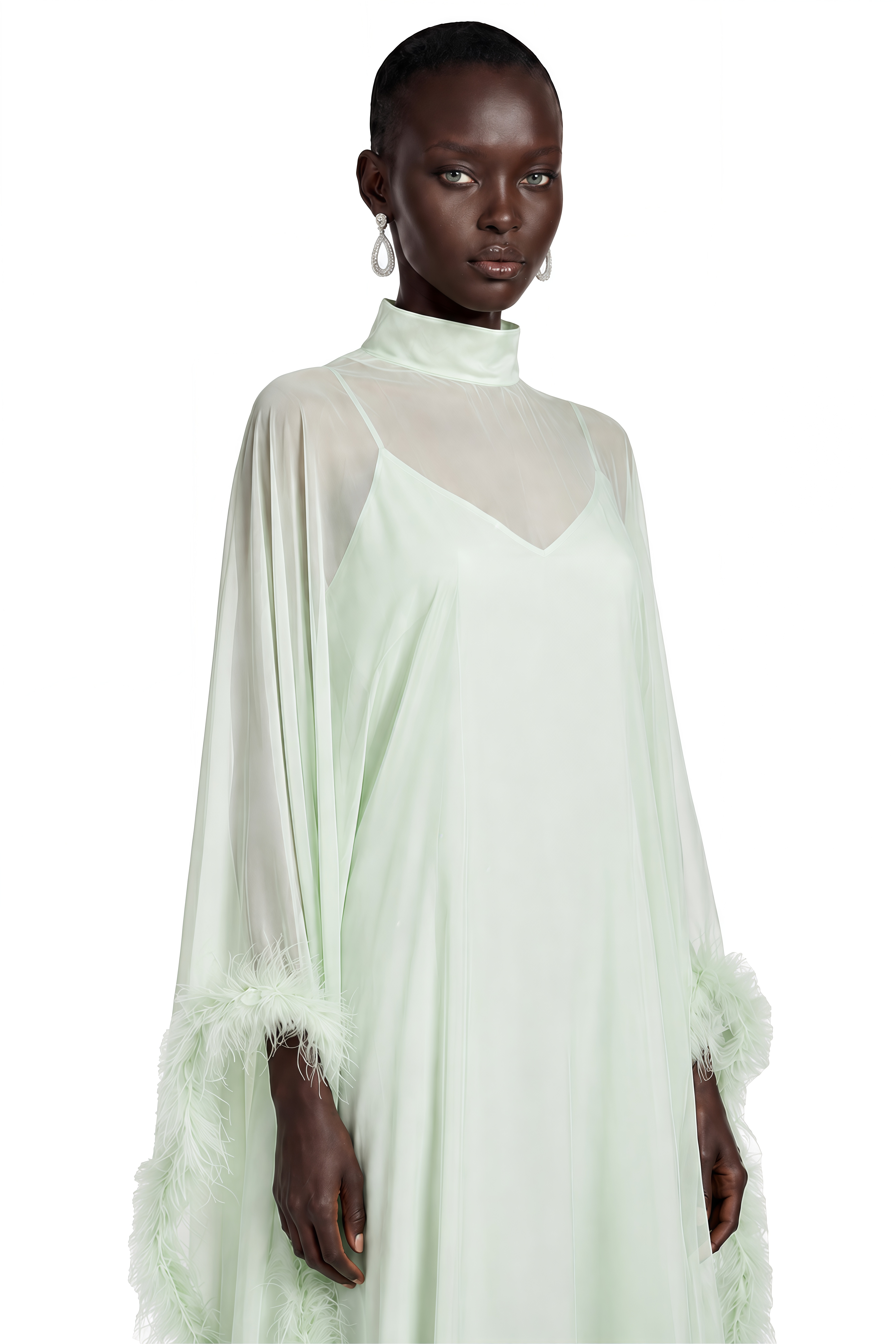 Alina Green Maxi Dress With Feather Cape