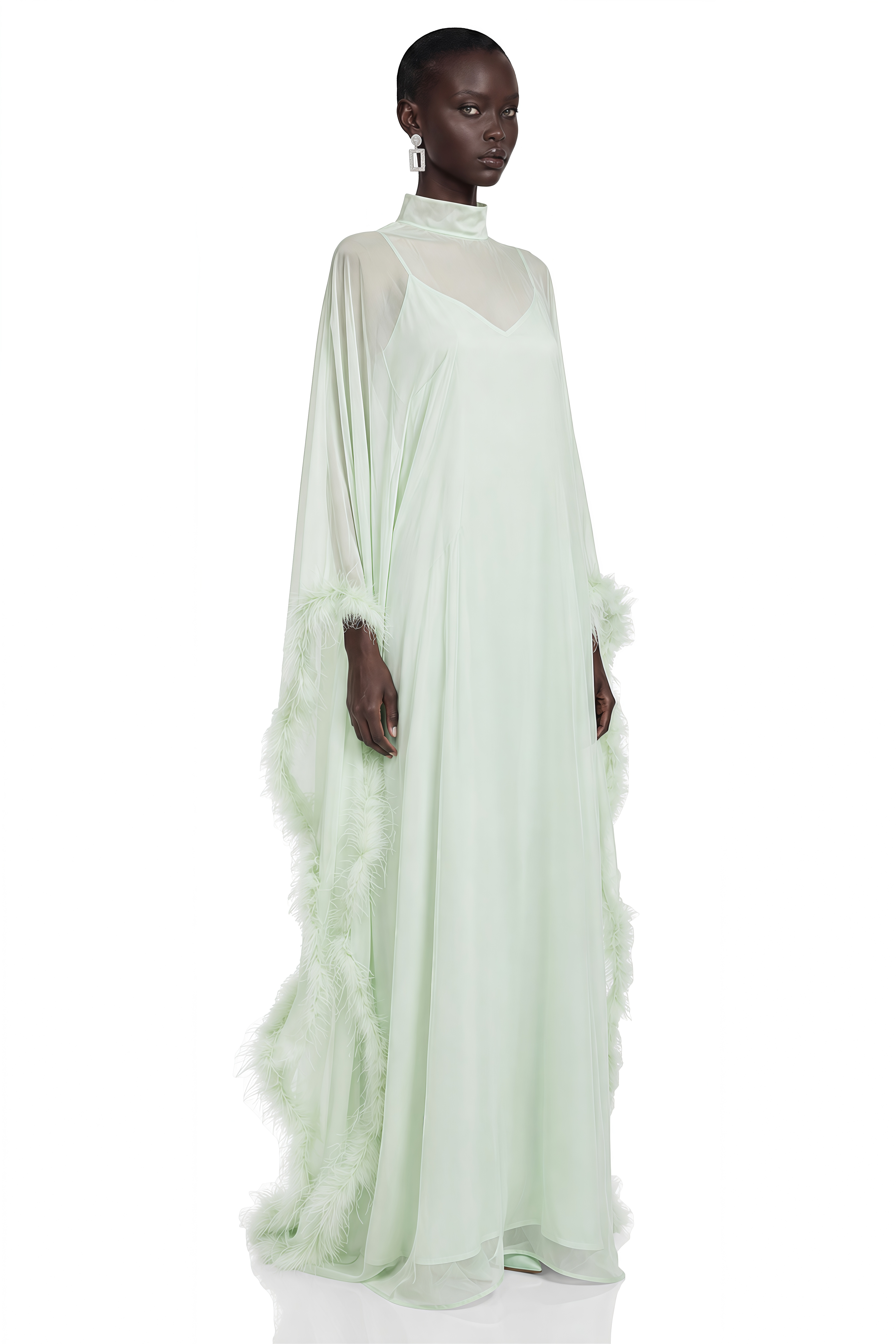 Alina Green Maxi Dress With Feather Cape