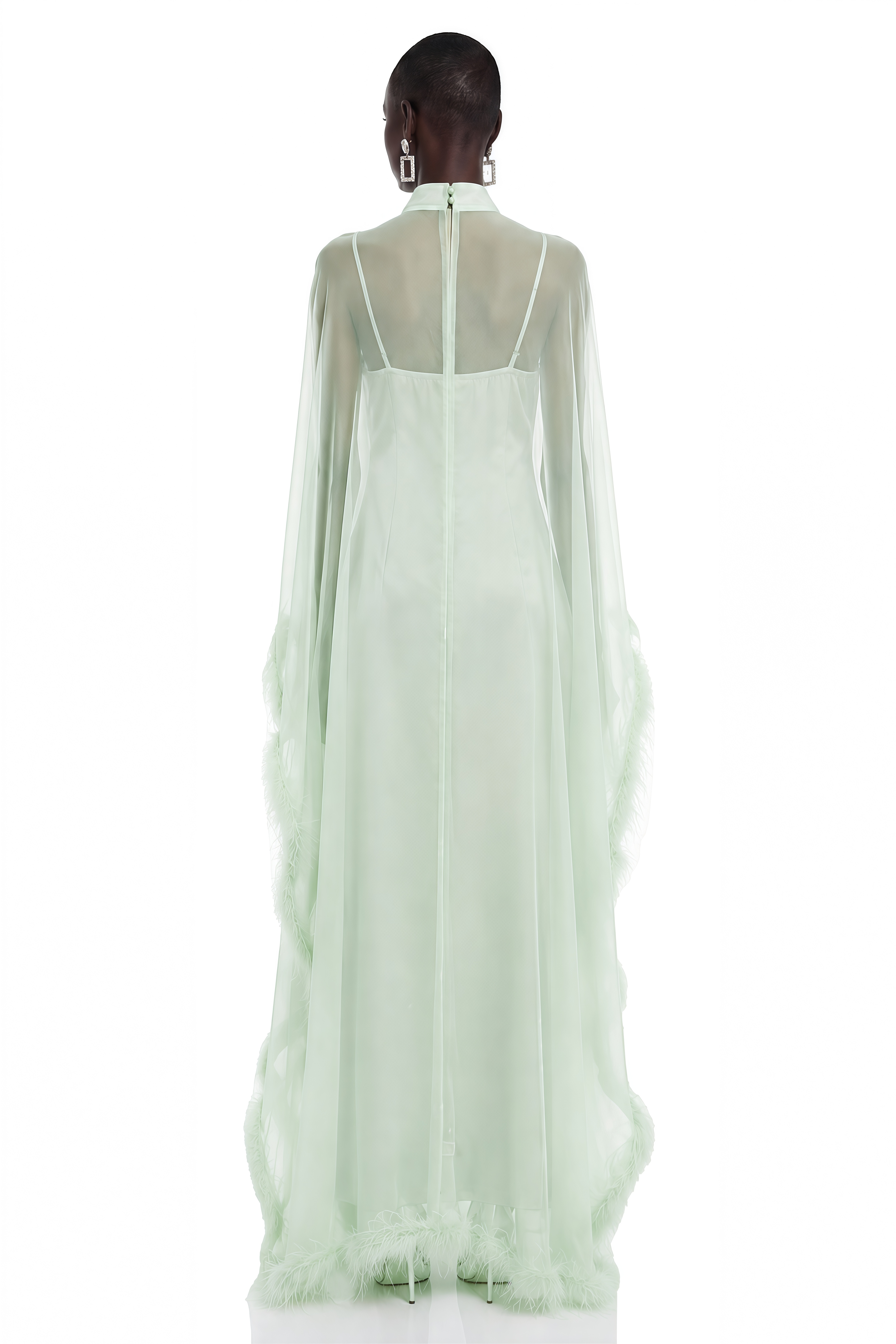 Alina Green Maxi Dress With Feather Cape