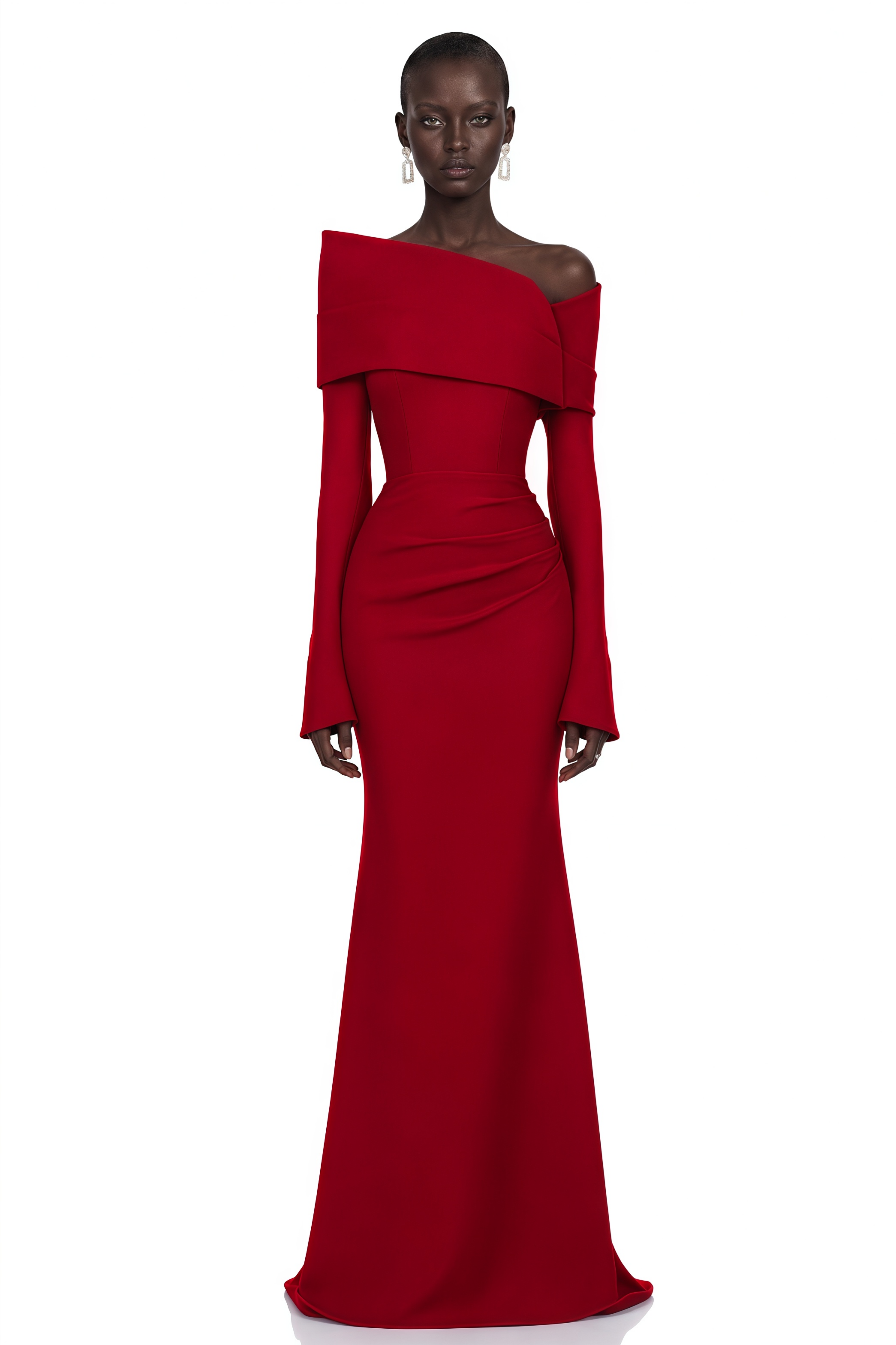Red off-the-shoulder draped long-sleeve maxi gown
