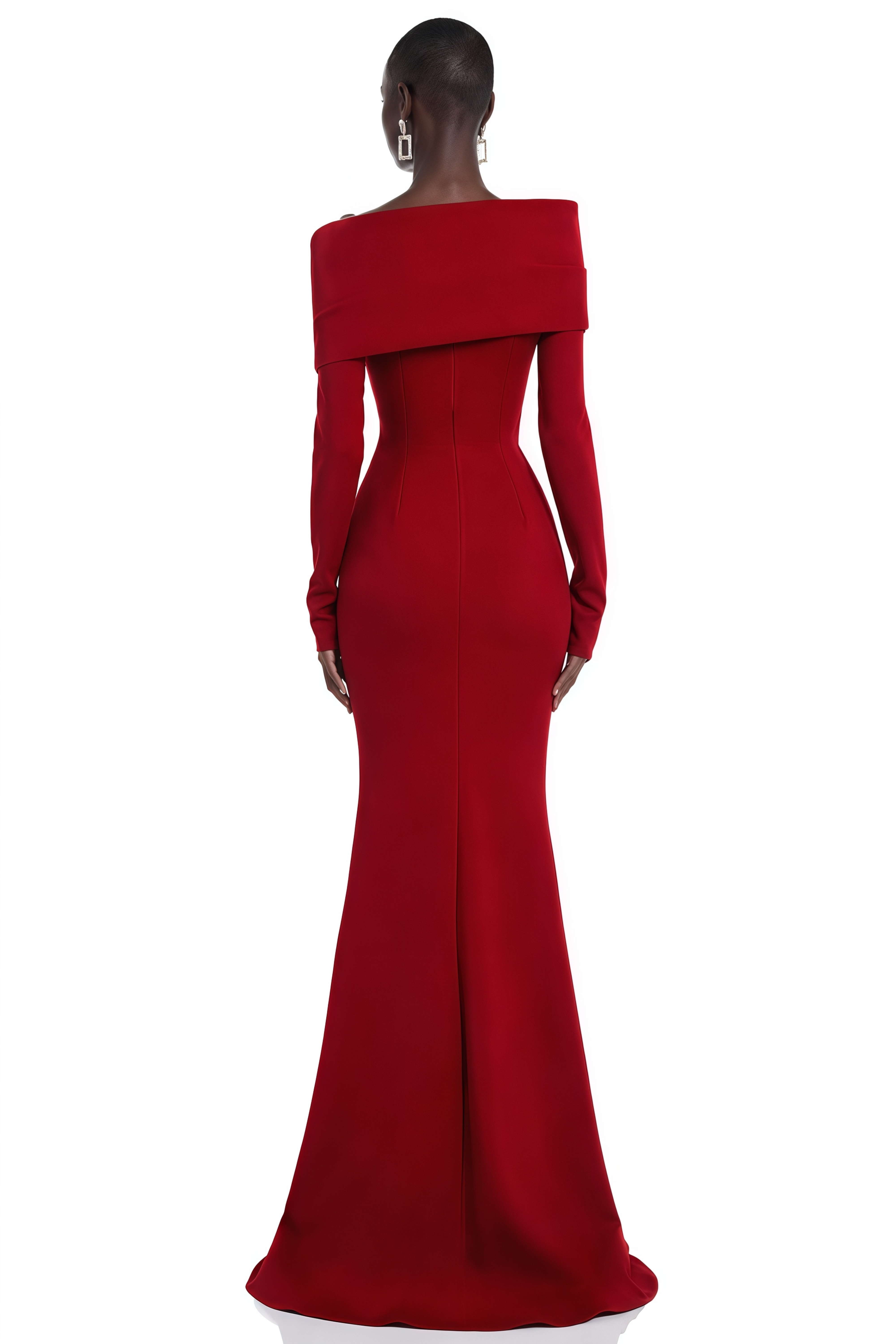 Red off-the-shoulder draped long-sleeve maxi gown
