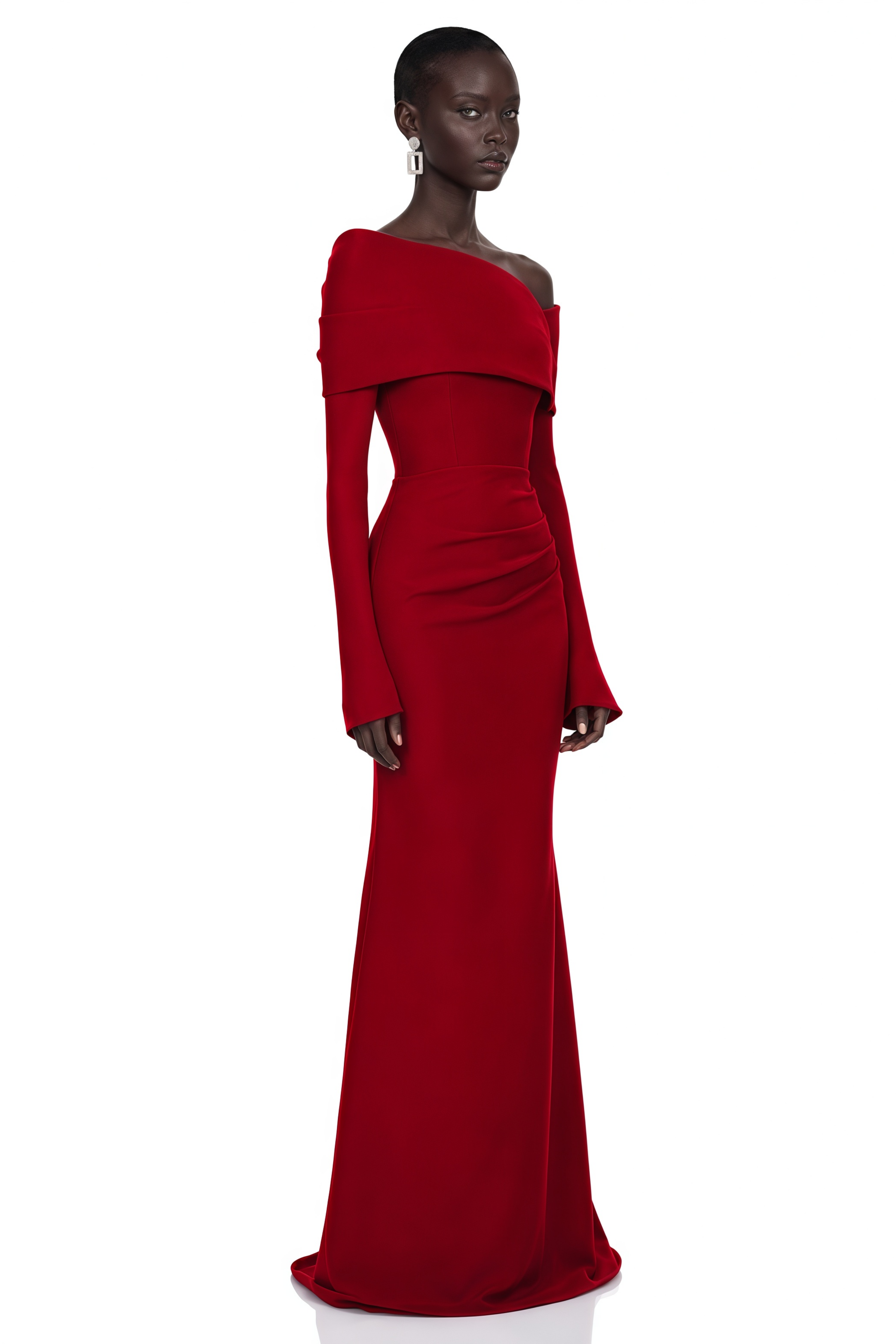 Red off-the-shoulder draped long-sleeve maxi gown