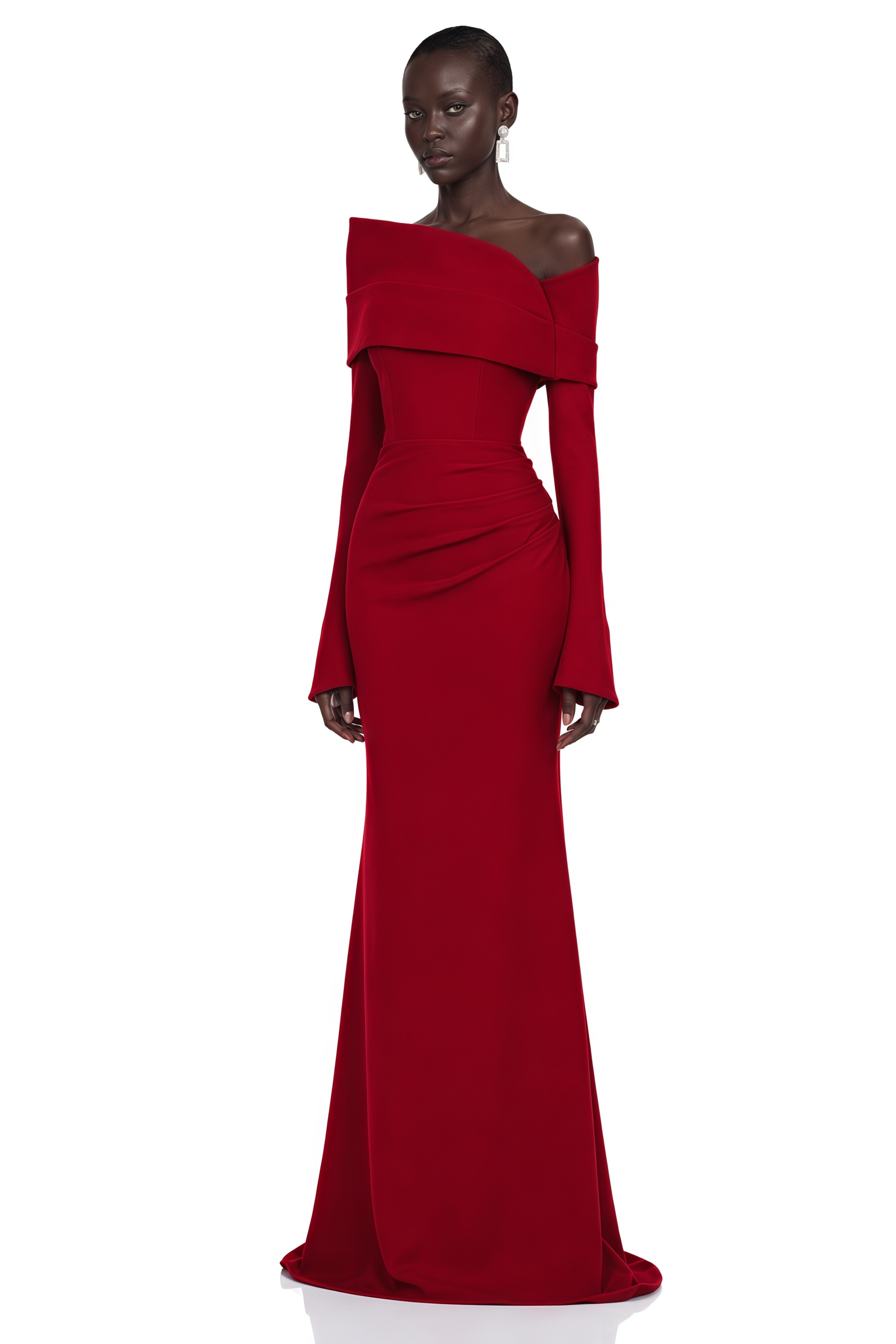 Red off-the-shoulder draped long-sleeve maxi gown