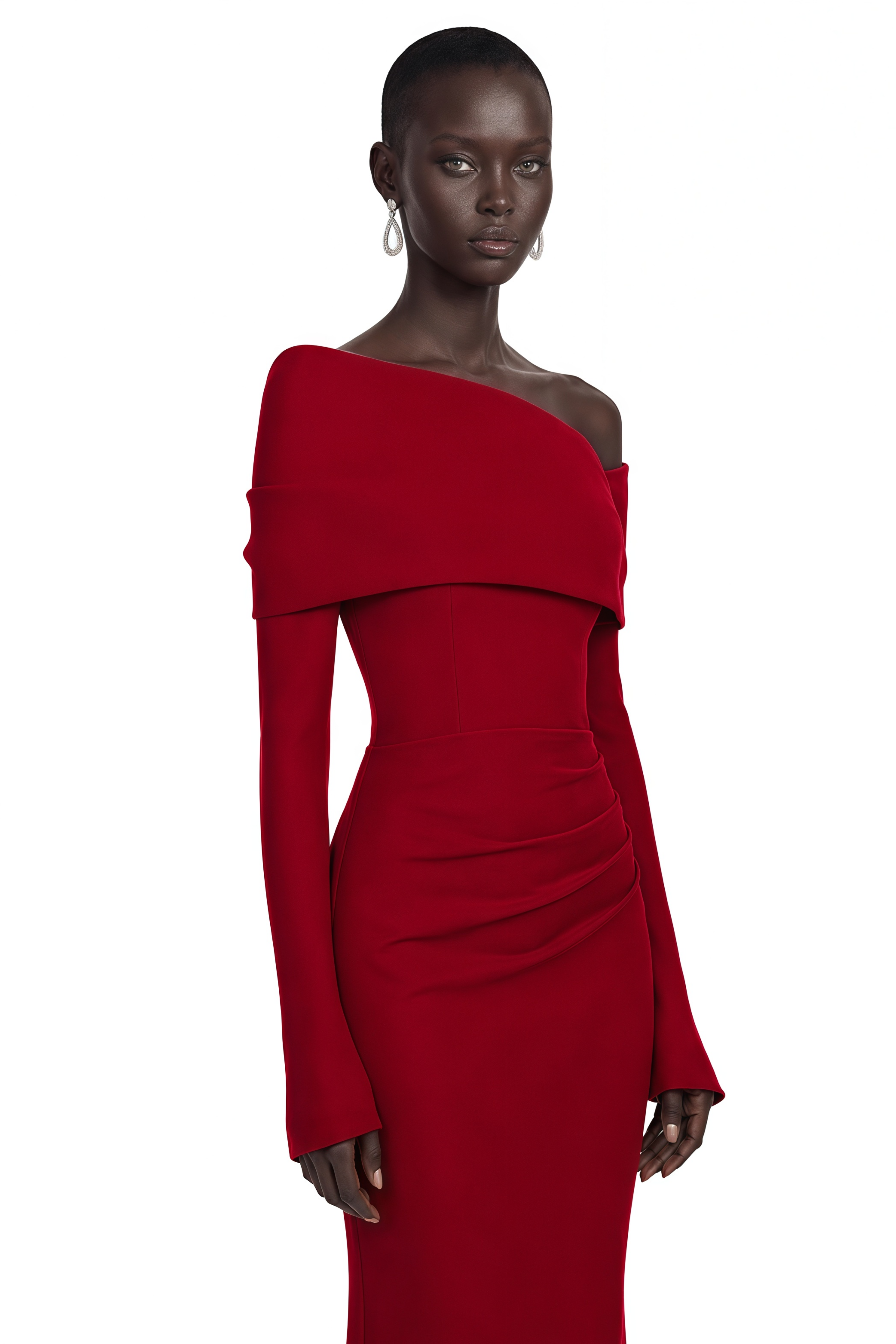 Red off-the-shoulder draped long-sleeve maxi gown