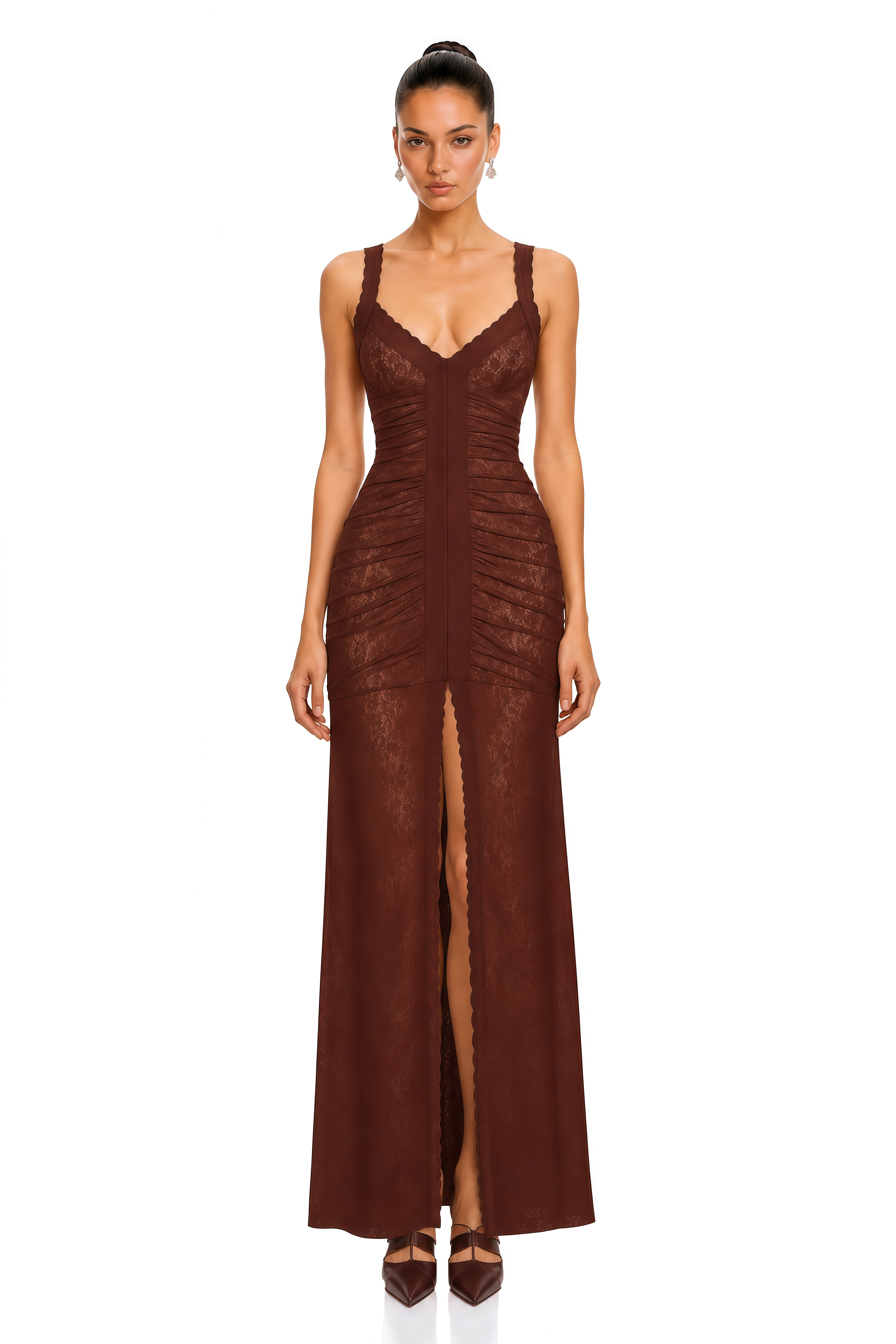 Allegra Brown Floral Lace Ruched Maxi Dress