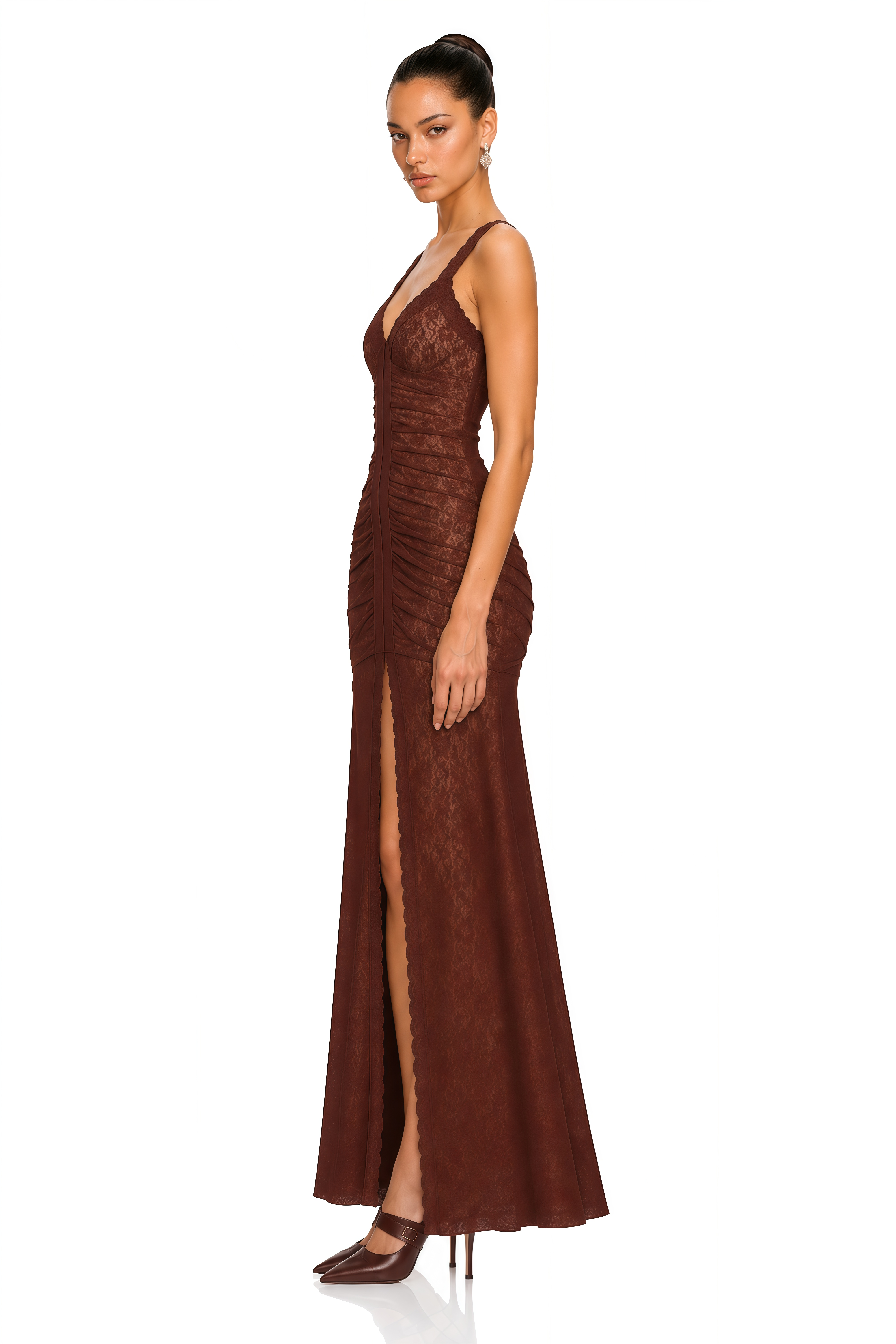 Allegra Brown Floral Lace Ruched Maxi Dress
