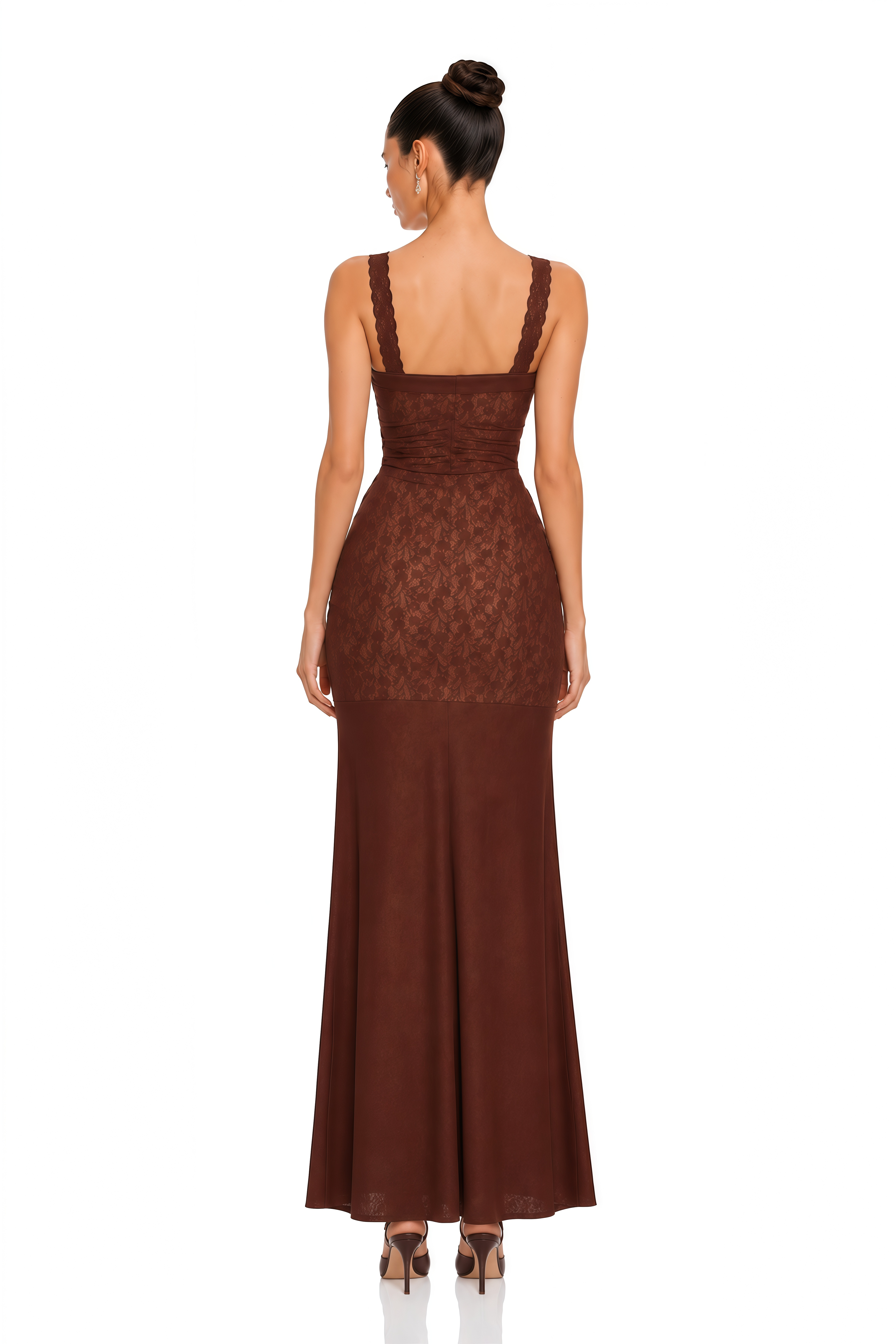 Allegra Brown Floral Lace Ruched Maxi Dress