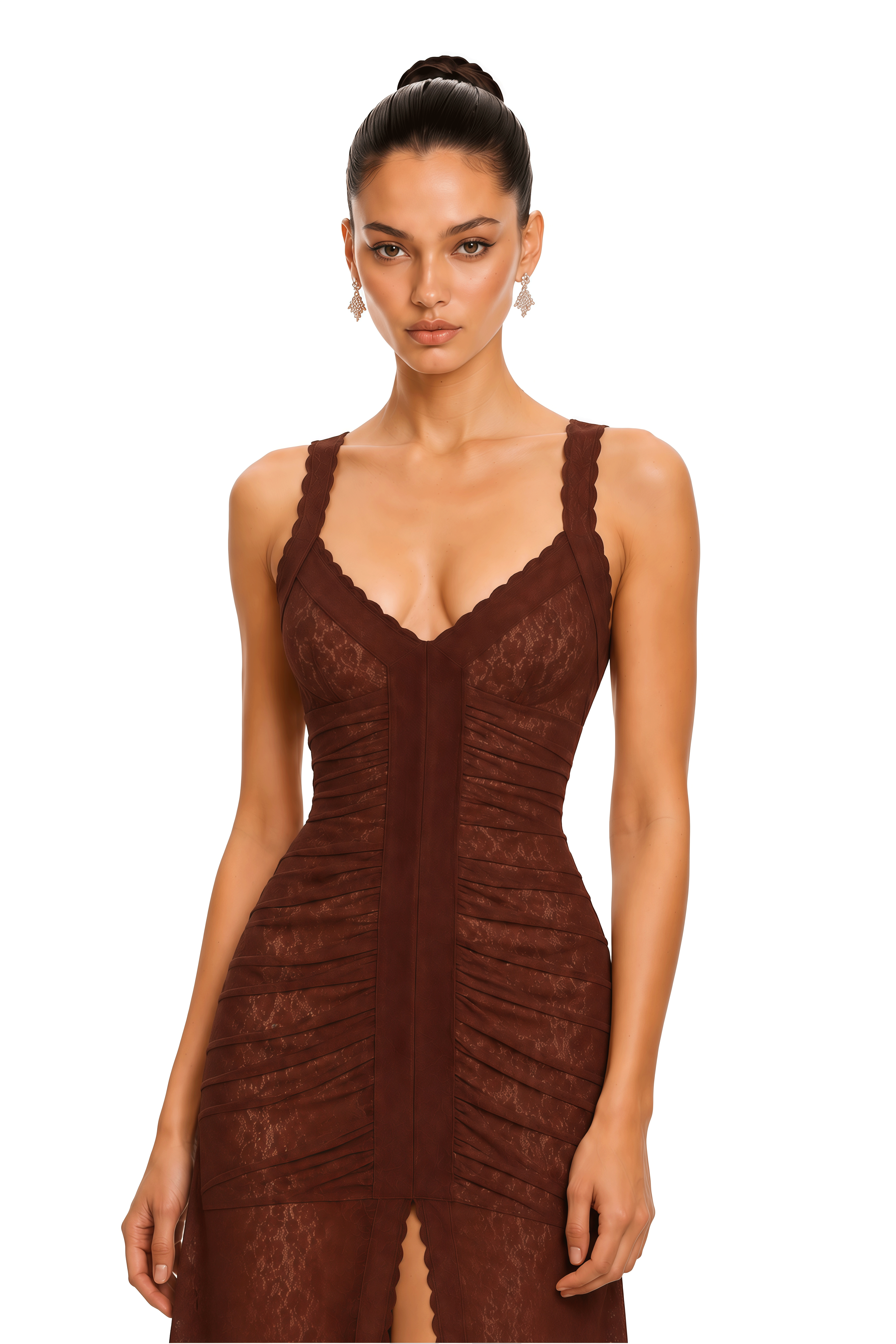 Allegra Brown Floral Lace Ruched Maxi Dress