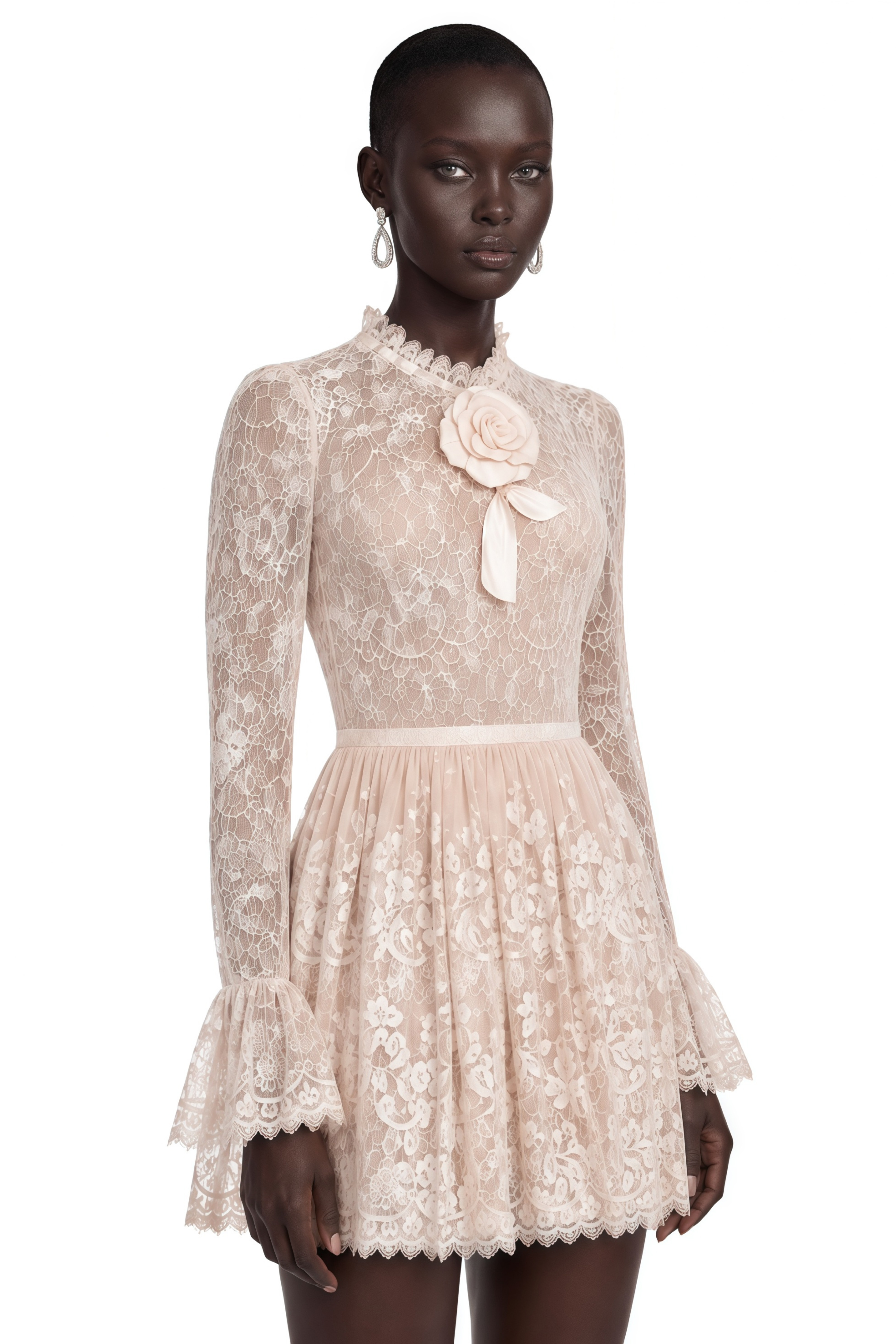 Allison Neutral Lace Puff Sleeve Mini Dress