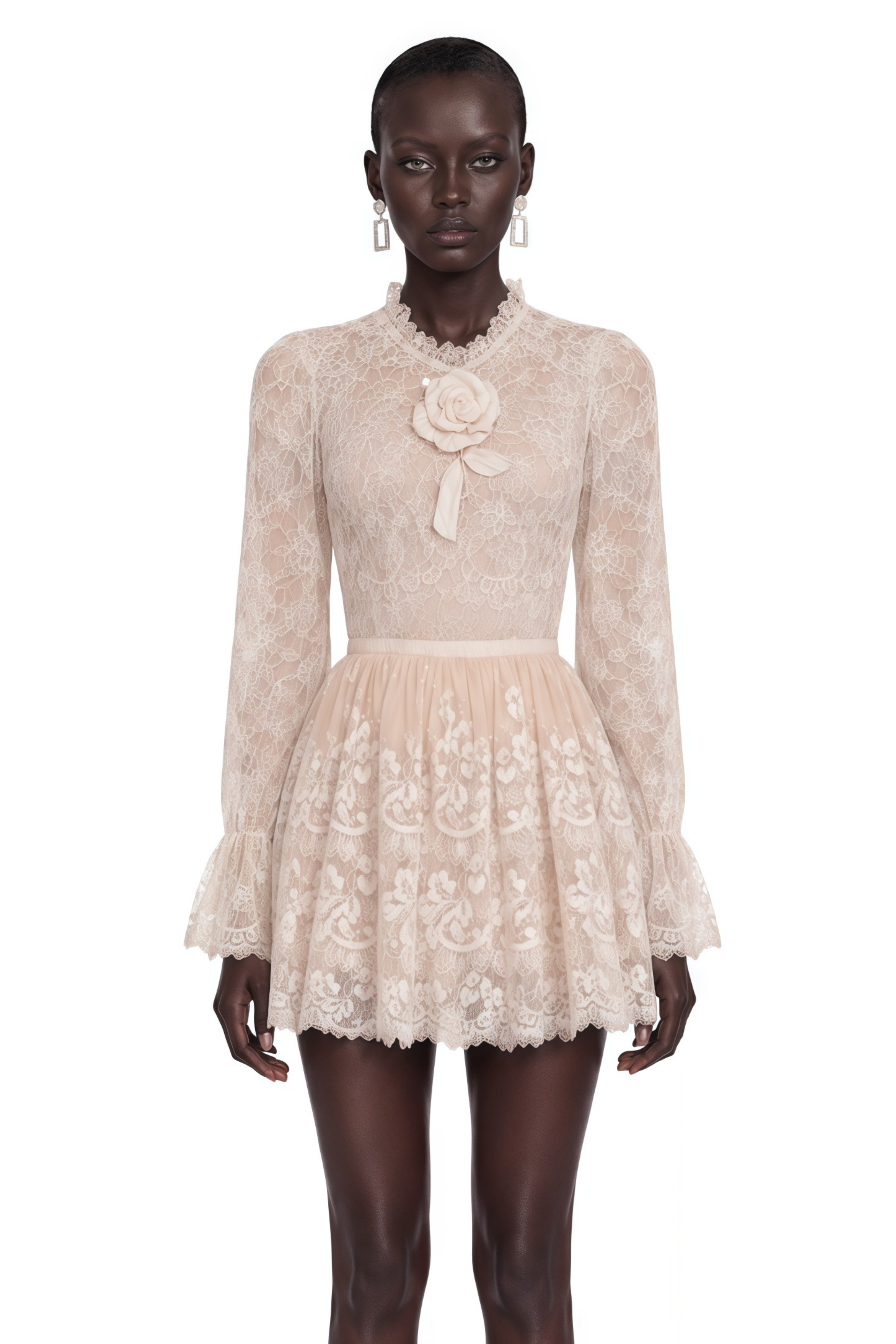 Allison Neutral Lace Puff Sleeve Mini Dress