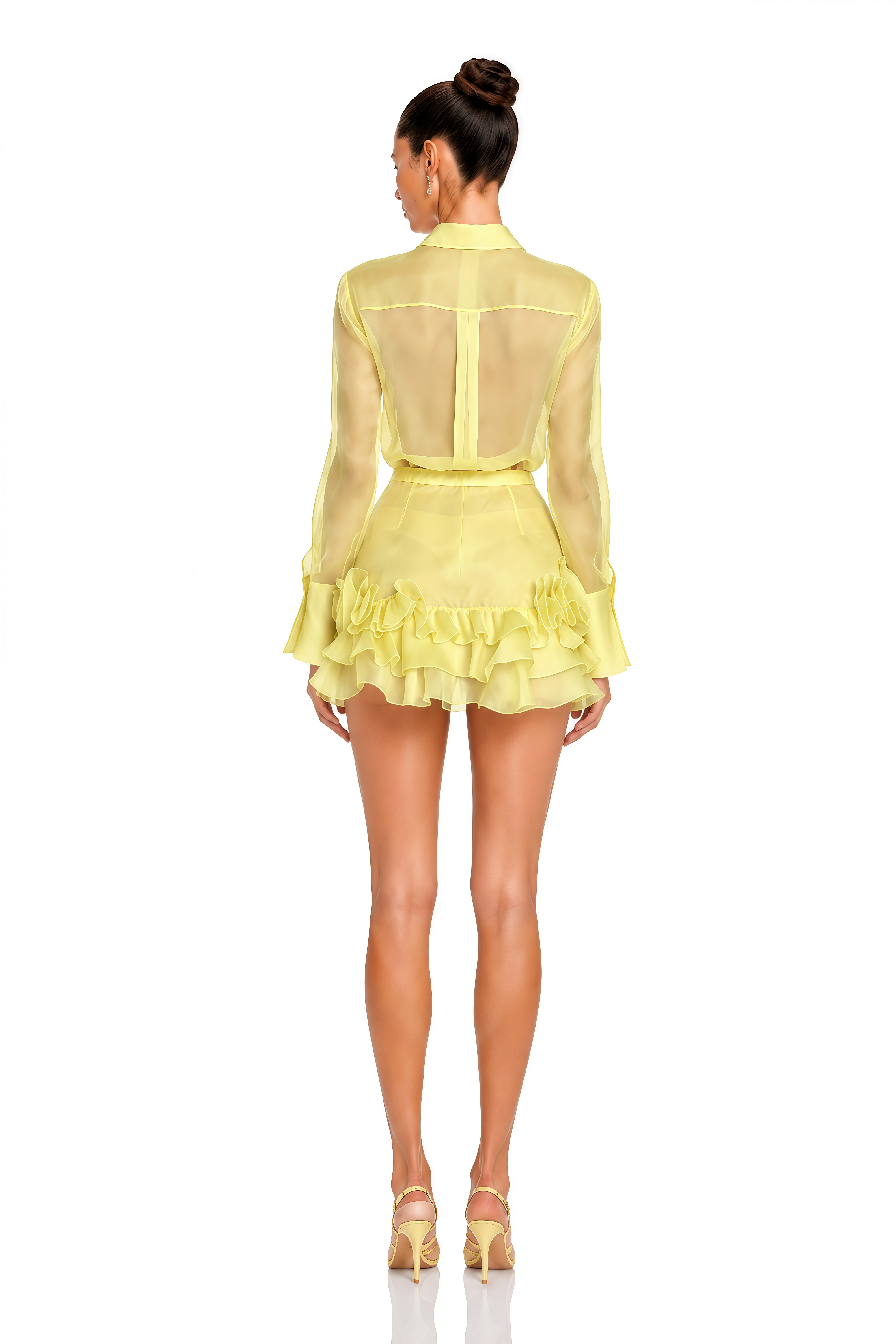 Alondra Yellow Sheer Collared Blouse & Ruffle Mini Skirt Set