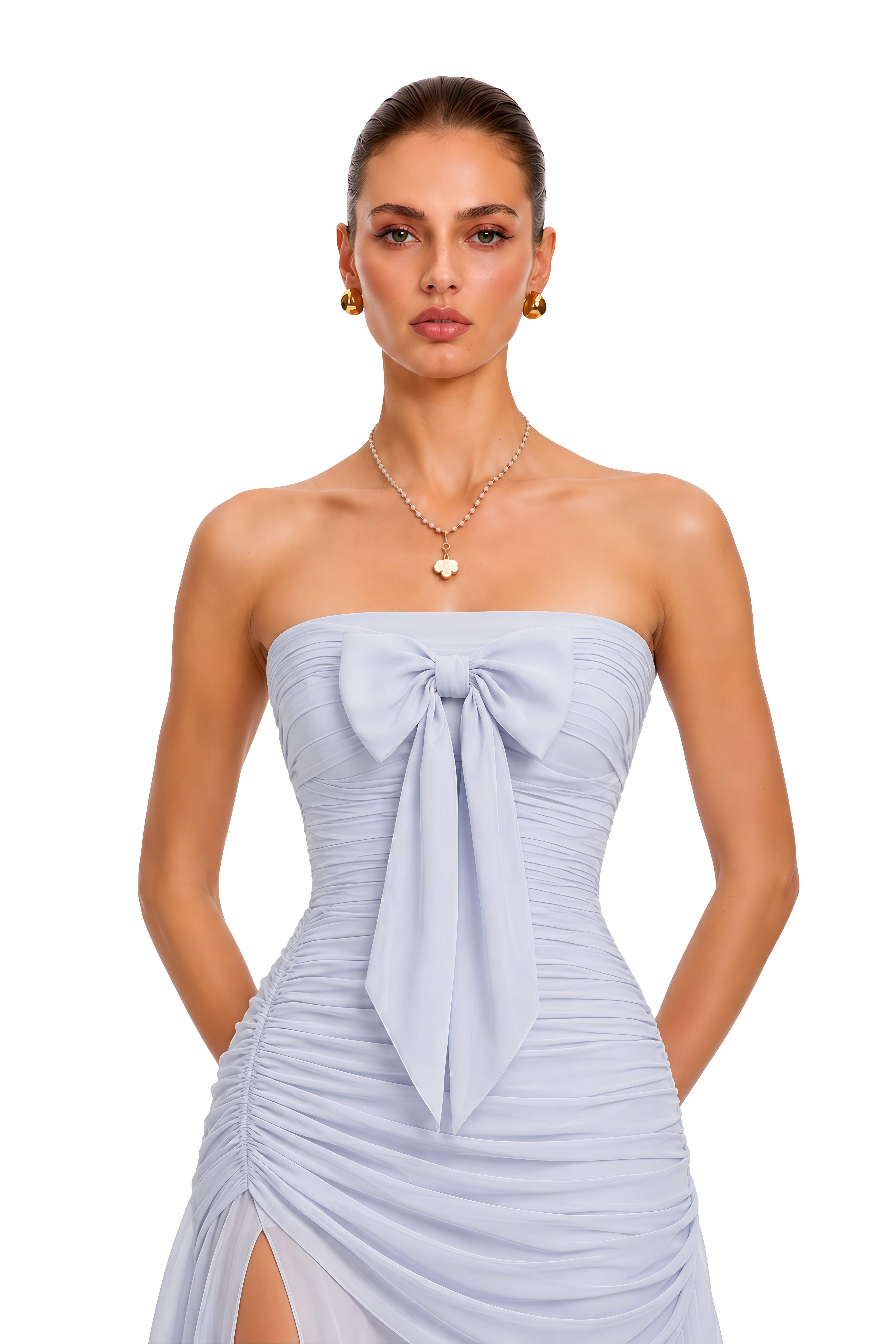 Althea Purple Strapless Ruched Bow Maxi Dress