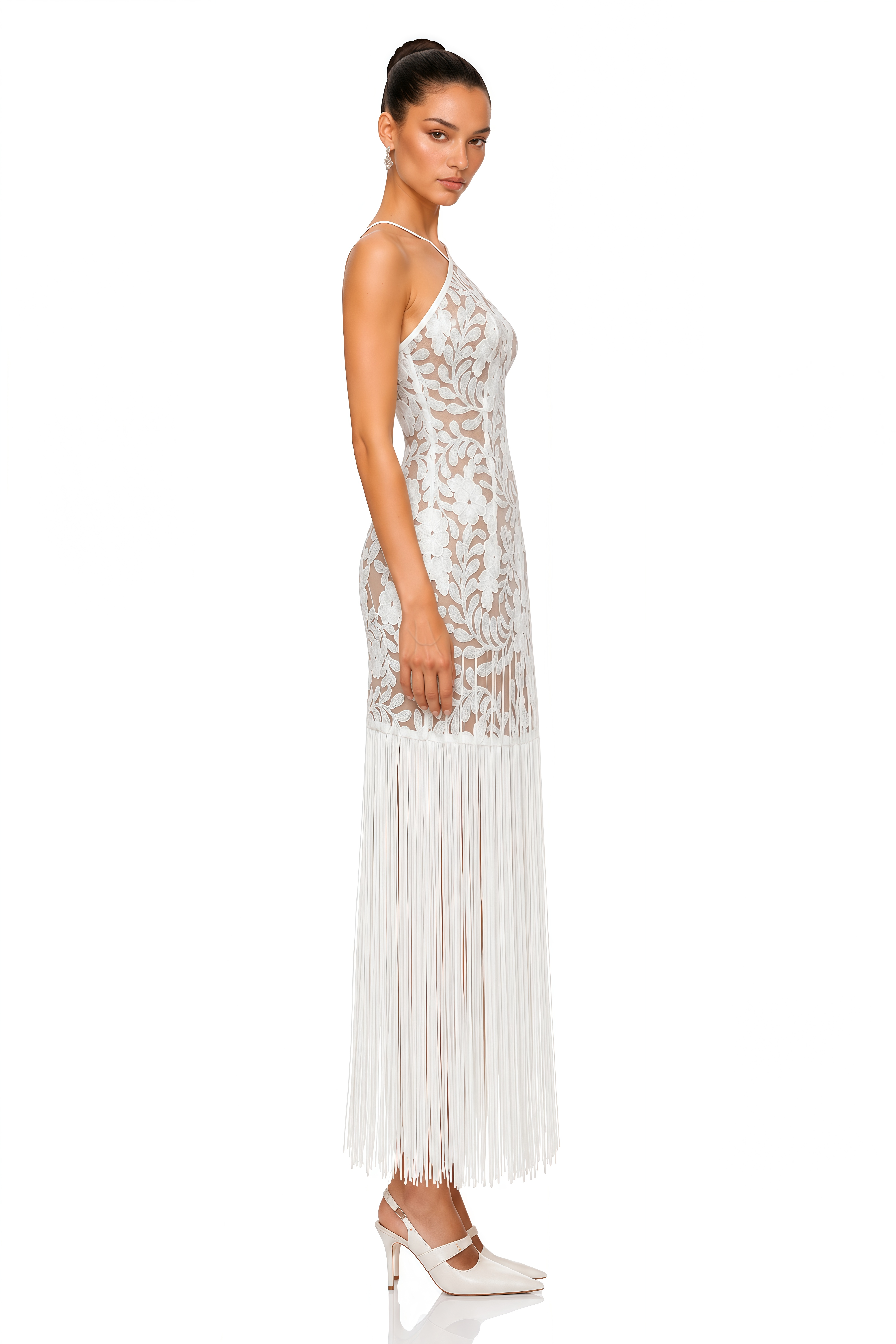 Althea White Floral Lace Fringe Halterneck Maxi Dress