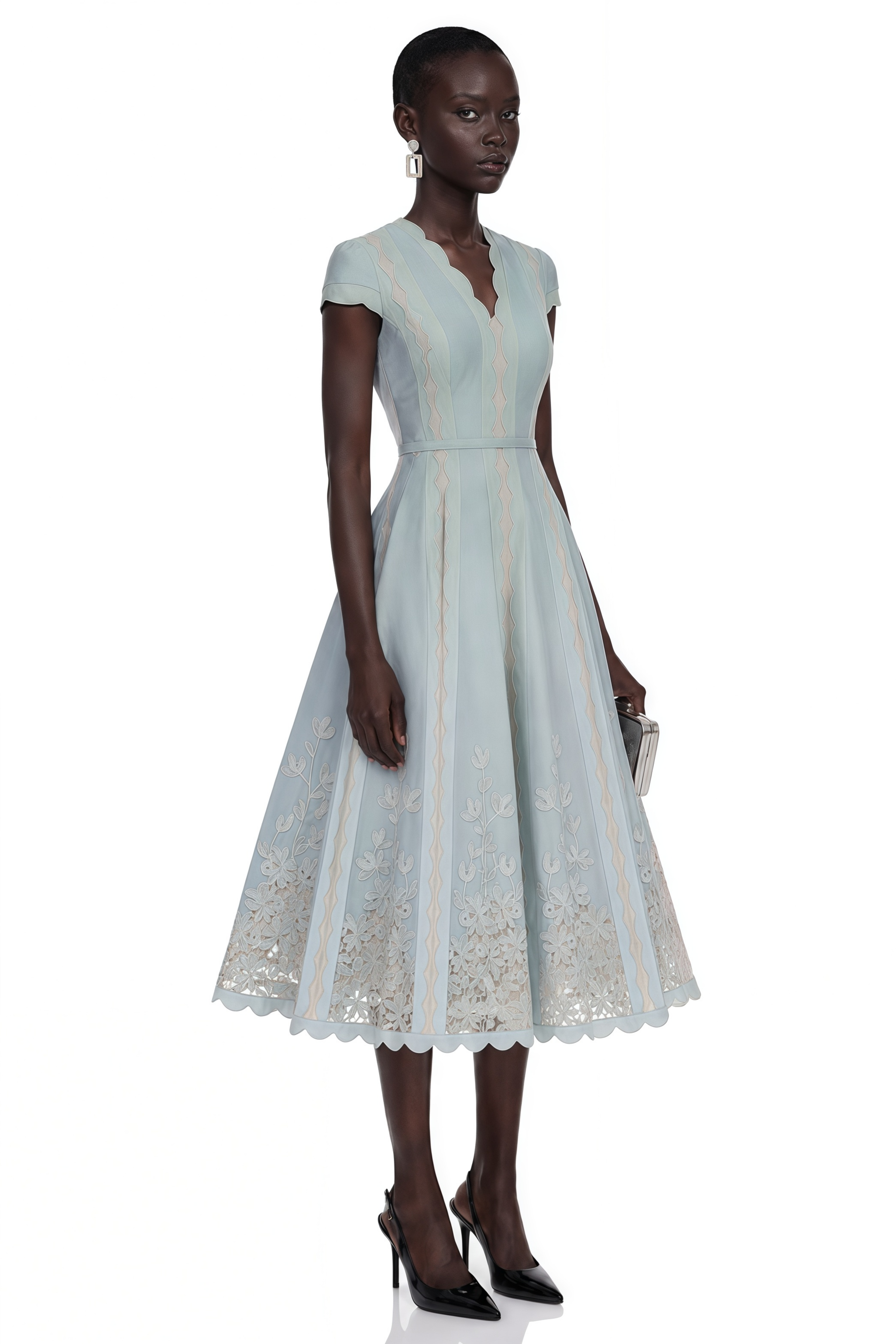 Amália Blue Scalloped Floral Embroidered Midi Dress