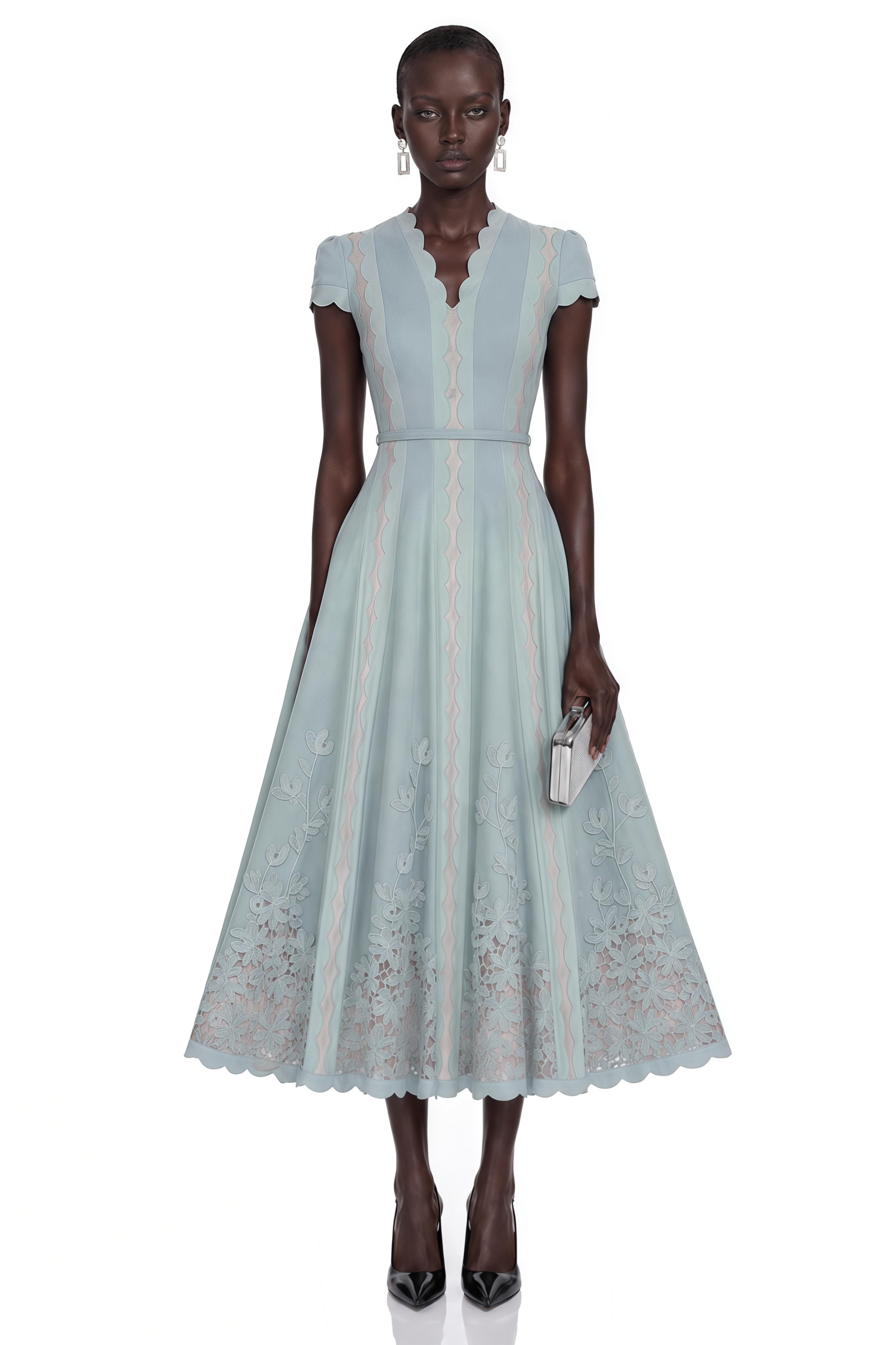 pale blue lace midi dress Amália Scalloped Floral Embroidered – Miss Rosier US Size:9 BRIDE EXPLORE All Wedding Dresses Layla Dress - Roxy Finished with long sleeves