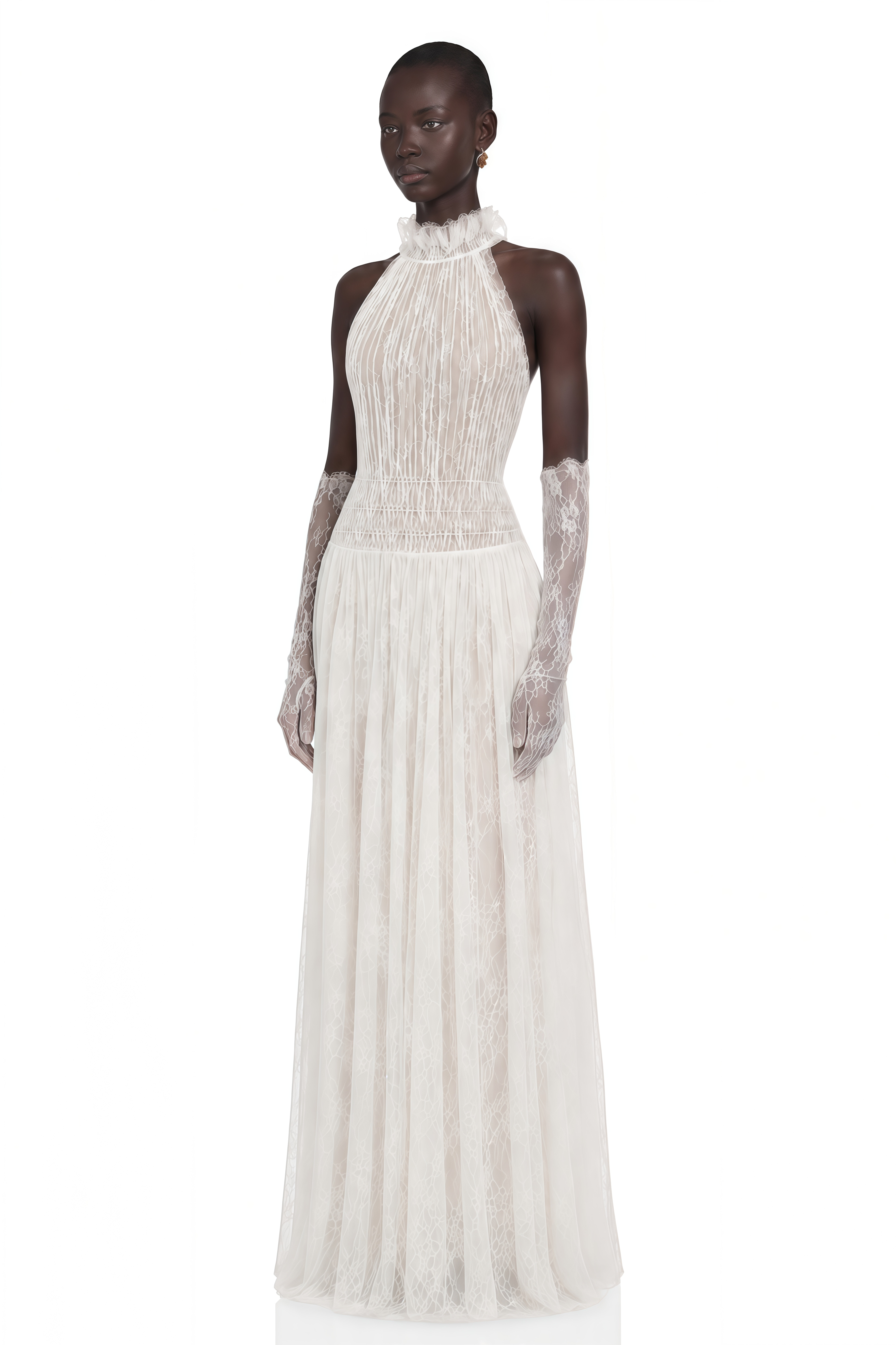 Amandine White Halterneck Semi-sheer Maxi Dress (Without Gloves)
