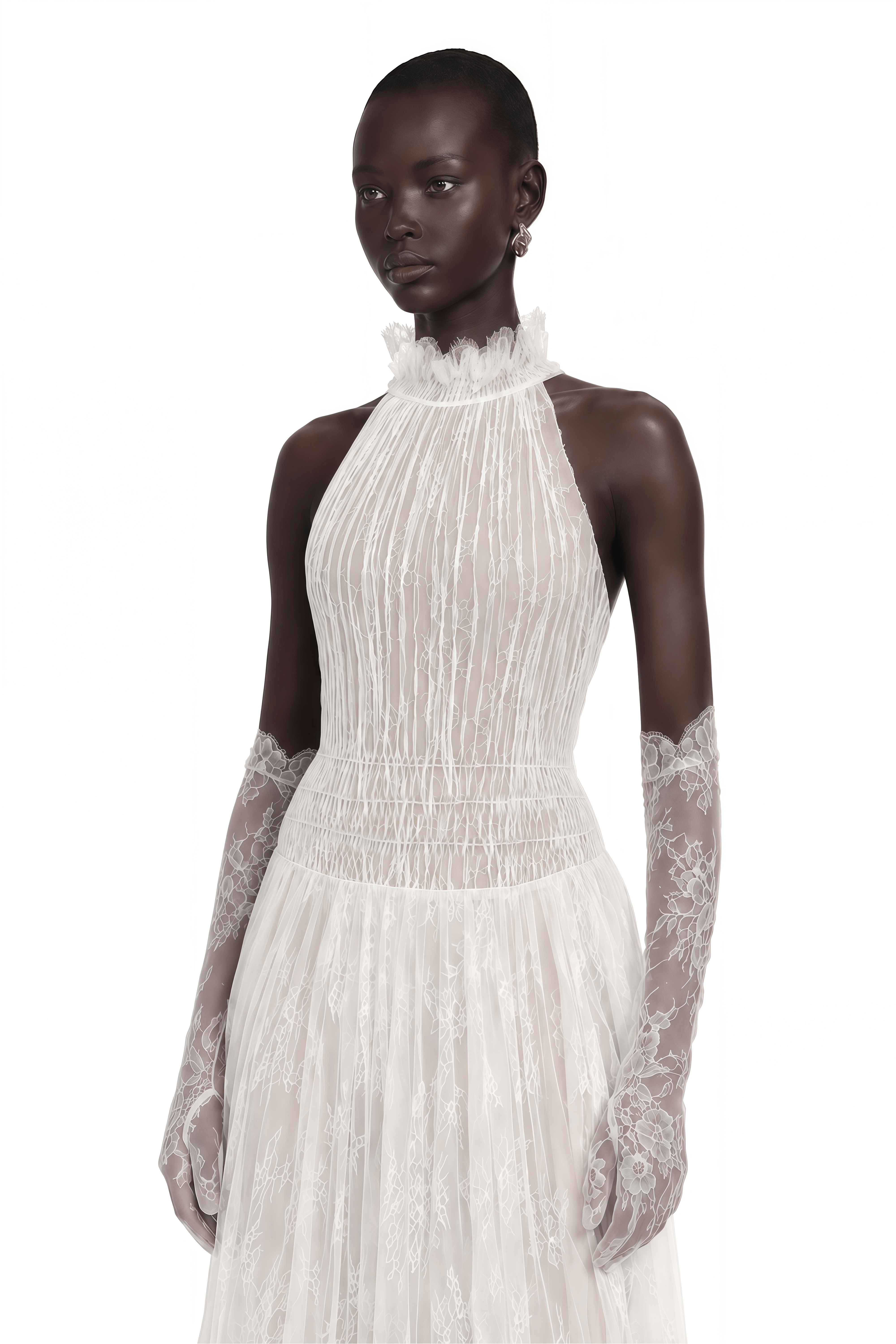 Amandine White Halterneck Semi-sheer Maxi Dress (Without Gloves)