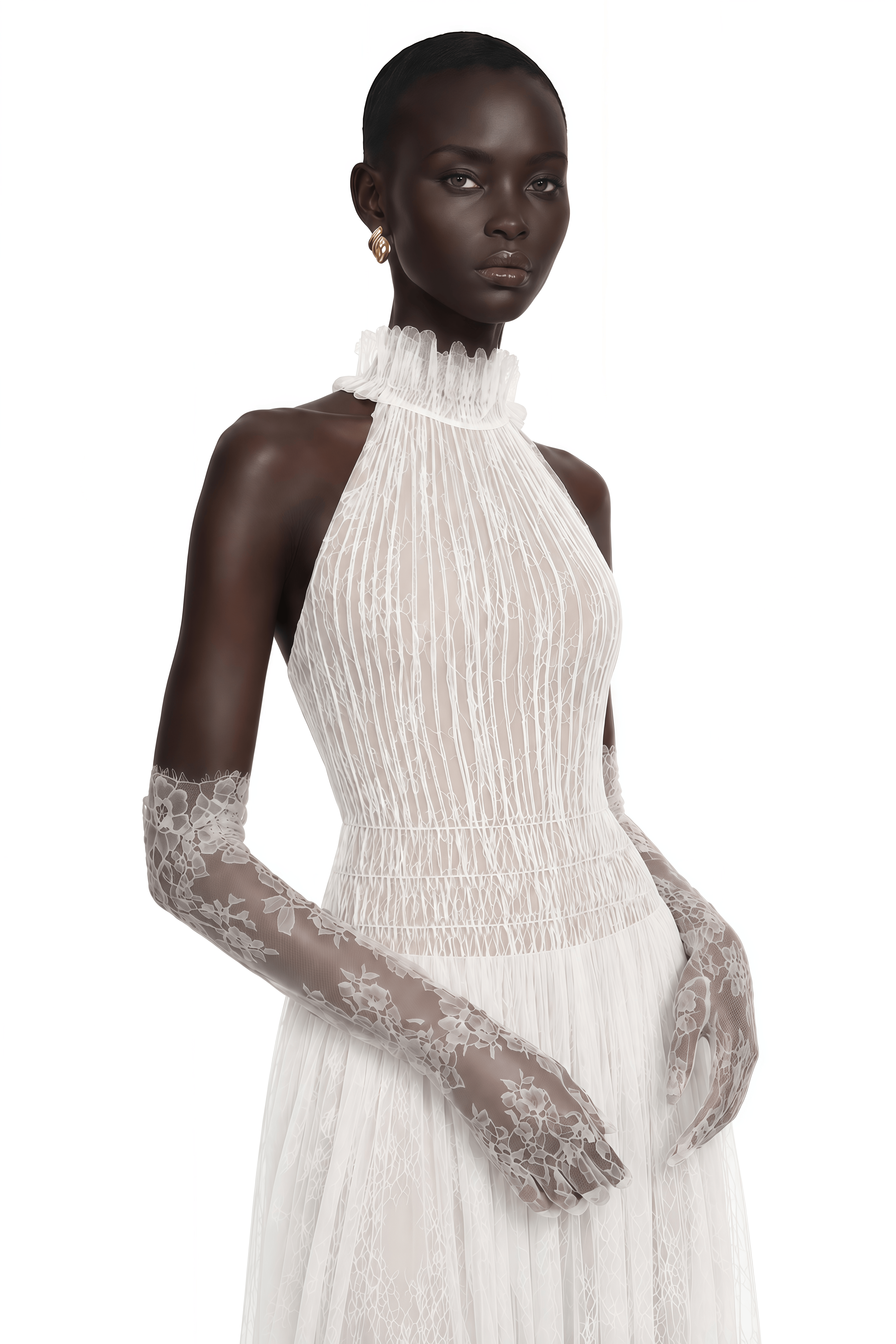 Amandine White Halterneck Semi-sheer Maxi Dress (Without Gloves)