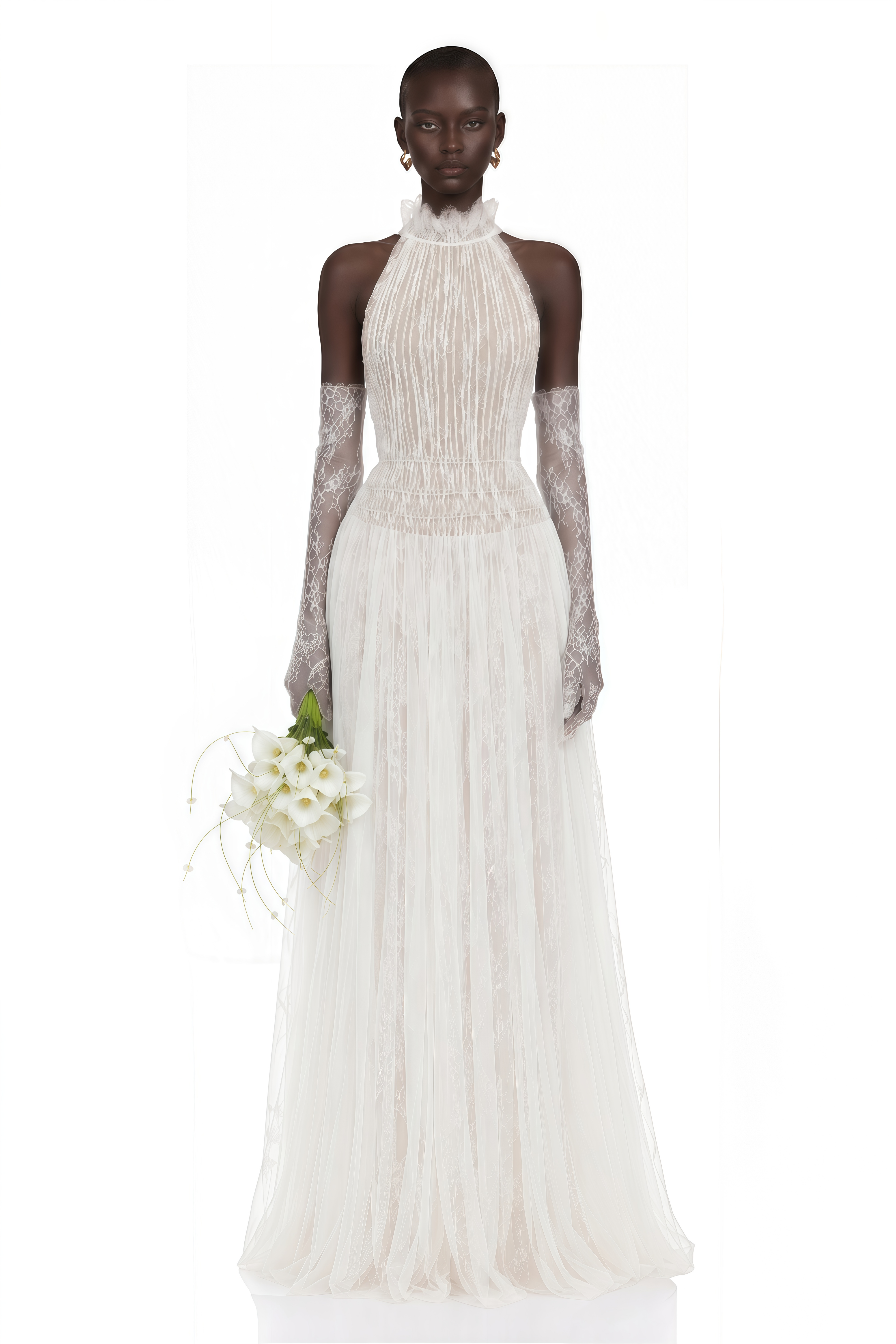 Amandine White Halterneck Semi-sheer Maxi Dress (Without Gloves)