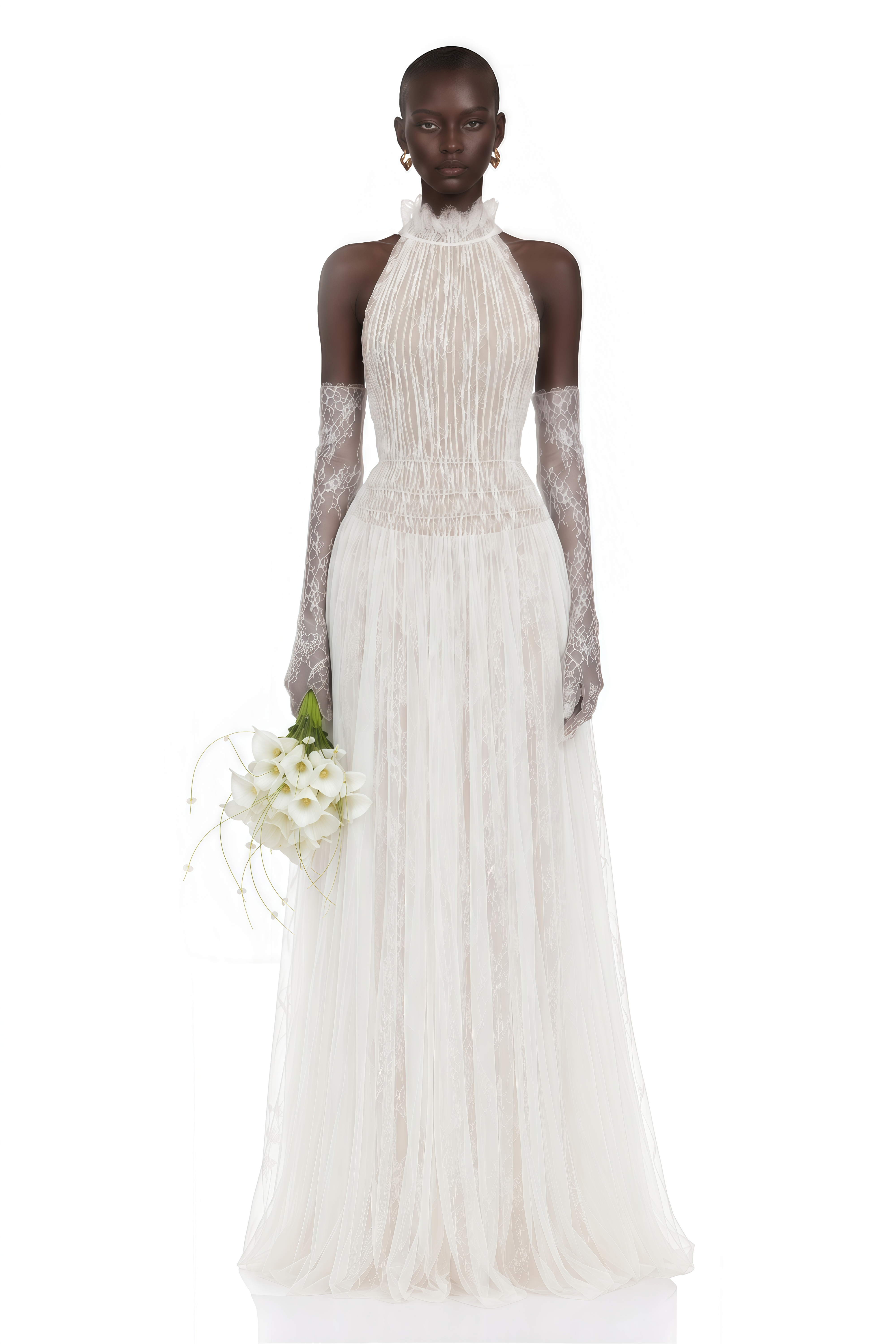 Amandine White Halterneck Semi-sheer Maxi Dress (Without Gloves)