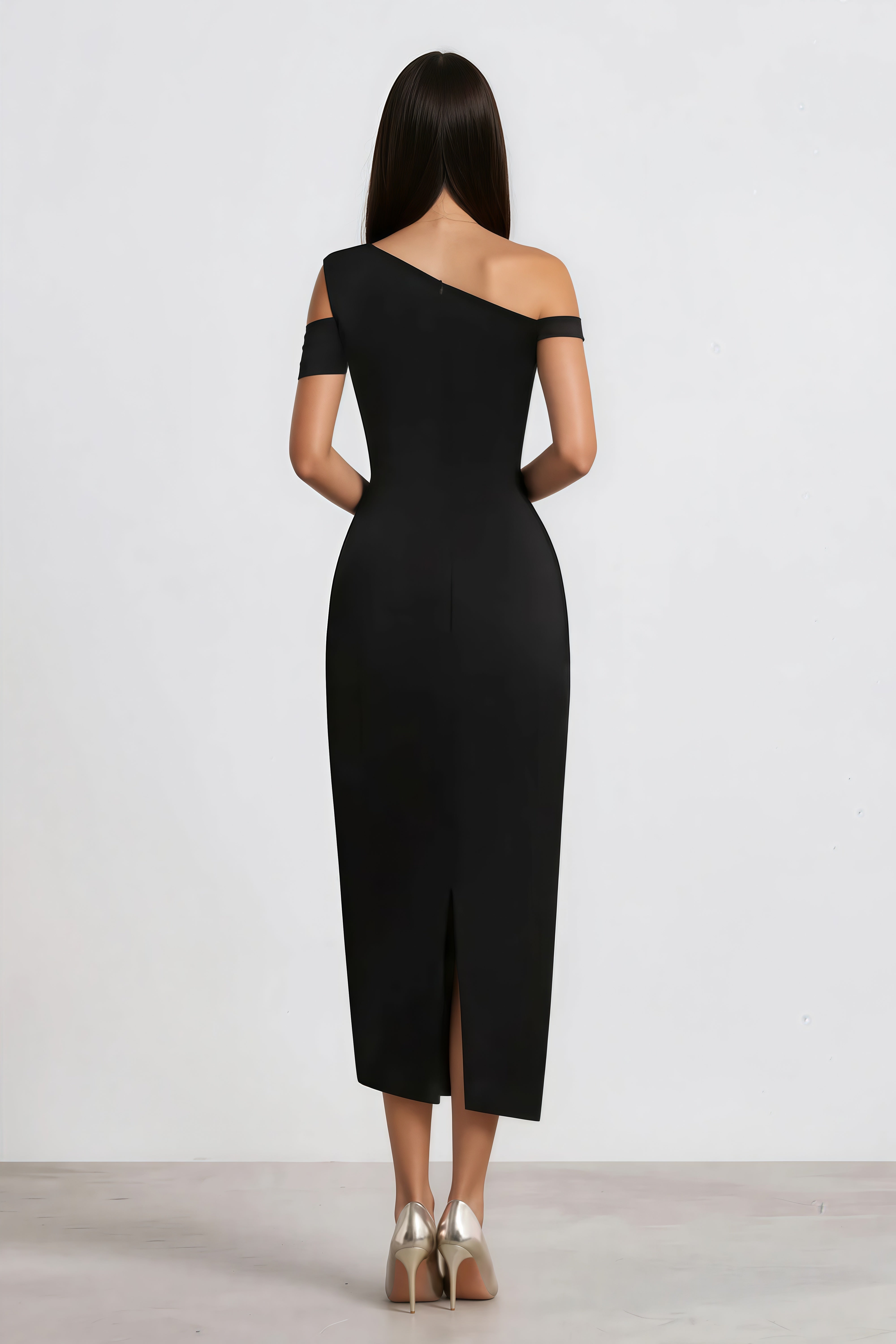 Black midi dress with a pleated asymmetrical neckline and a draped wrap skirt