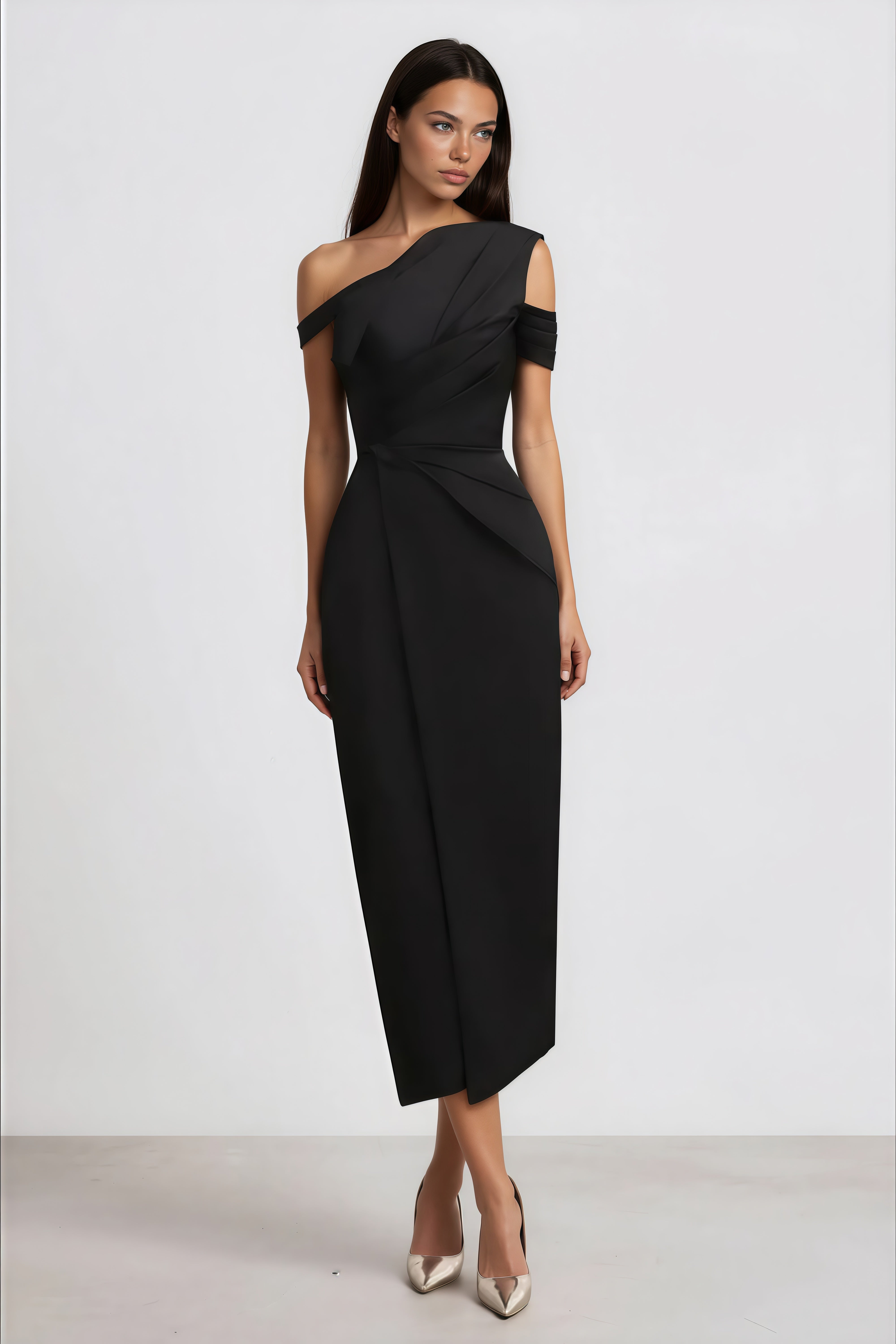 Black midi dress with a pleated asymmetrical neckline and a draped wrap skirt
