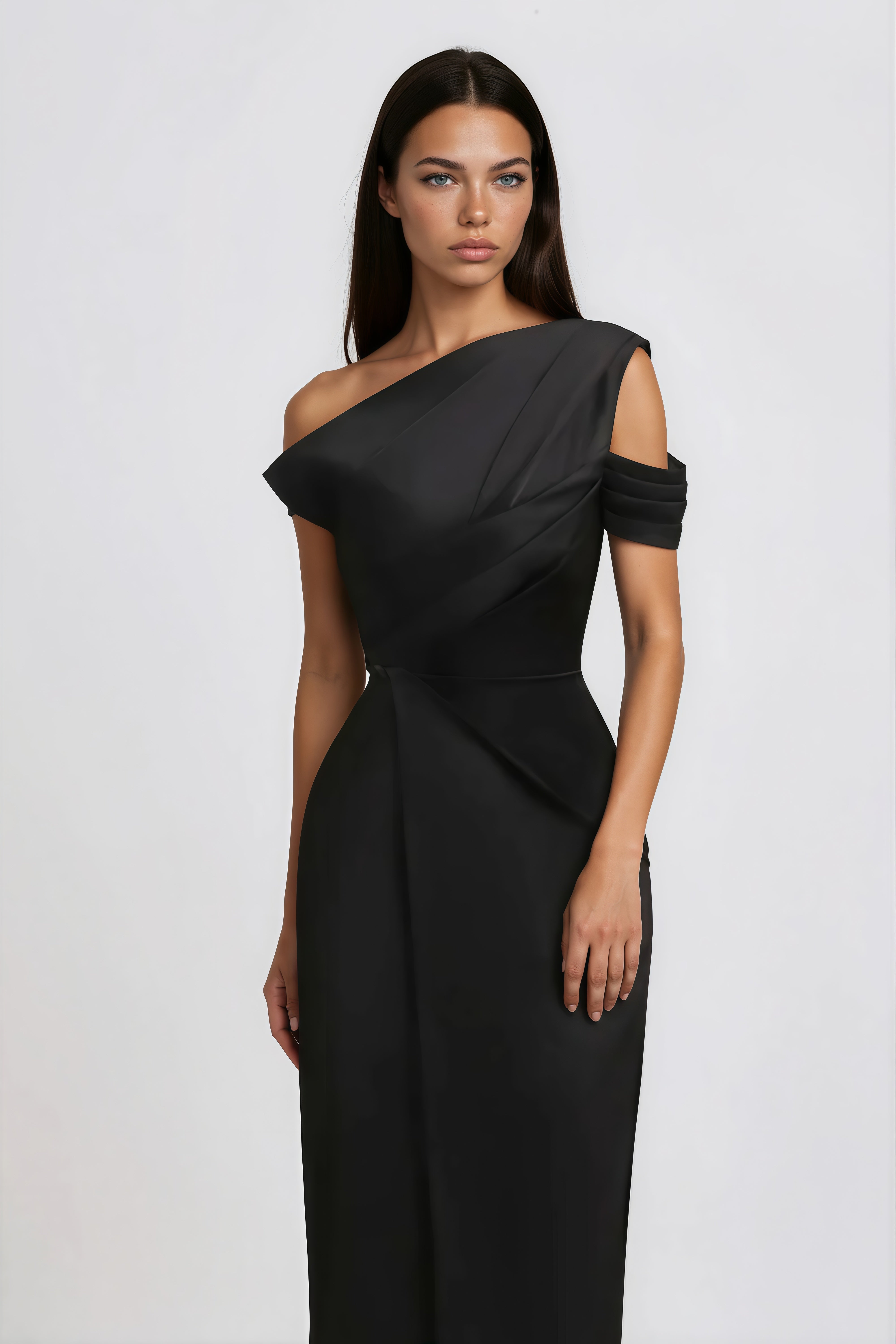 Black midi dress with a pleated asymmetrical neckline and a draped wrap skirt