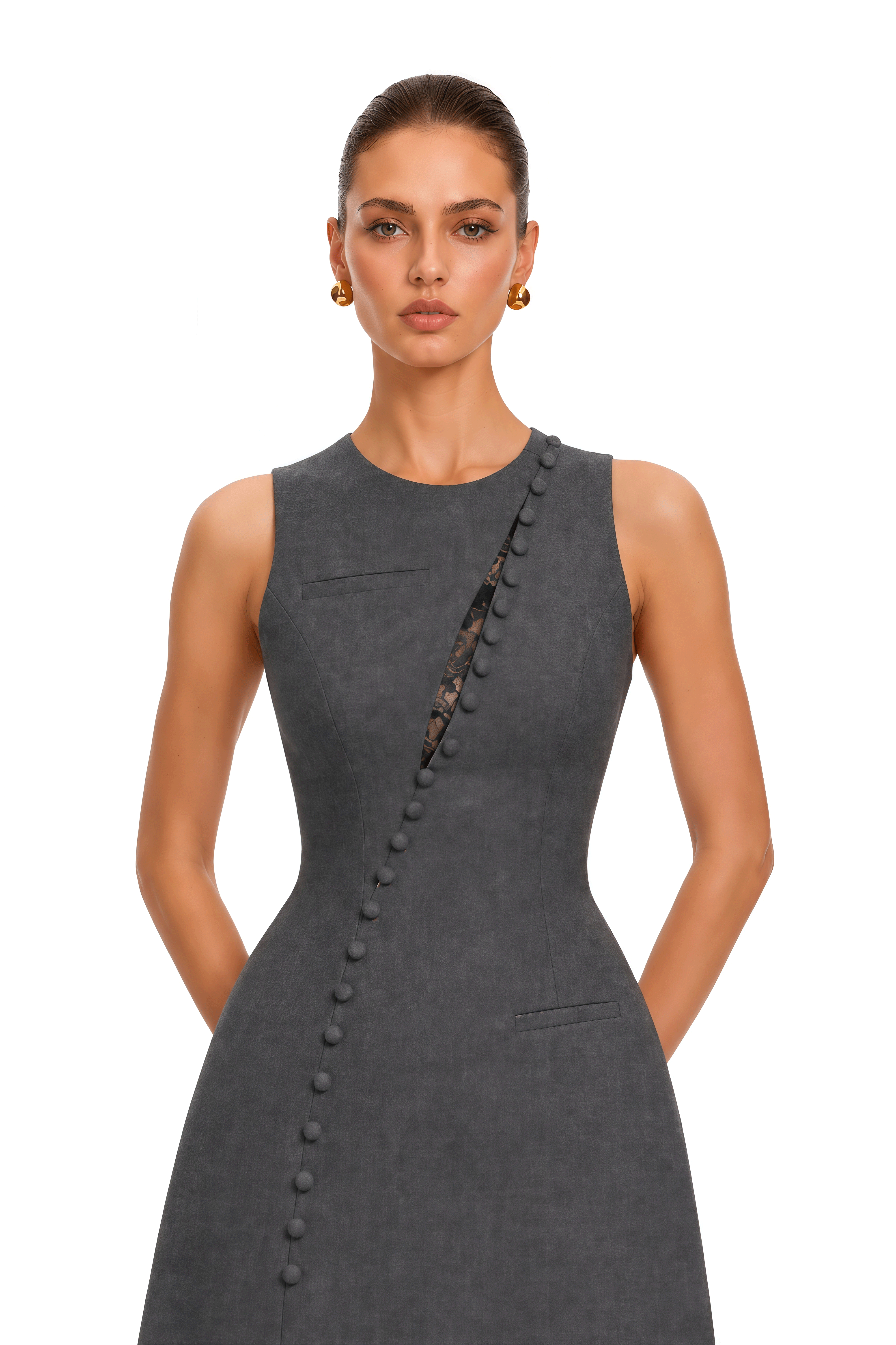 Amaris Grey Asymmetric Button Lace Mini Dress