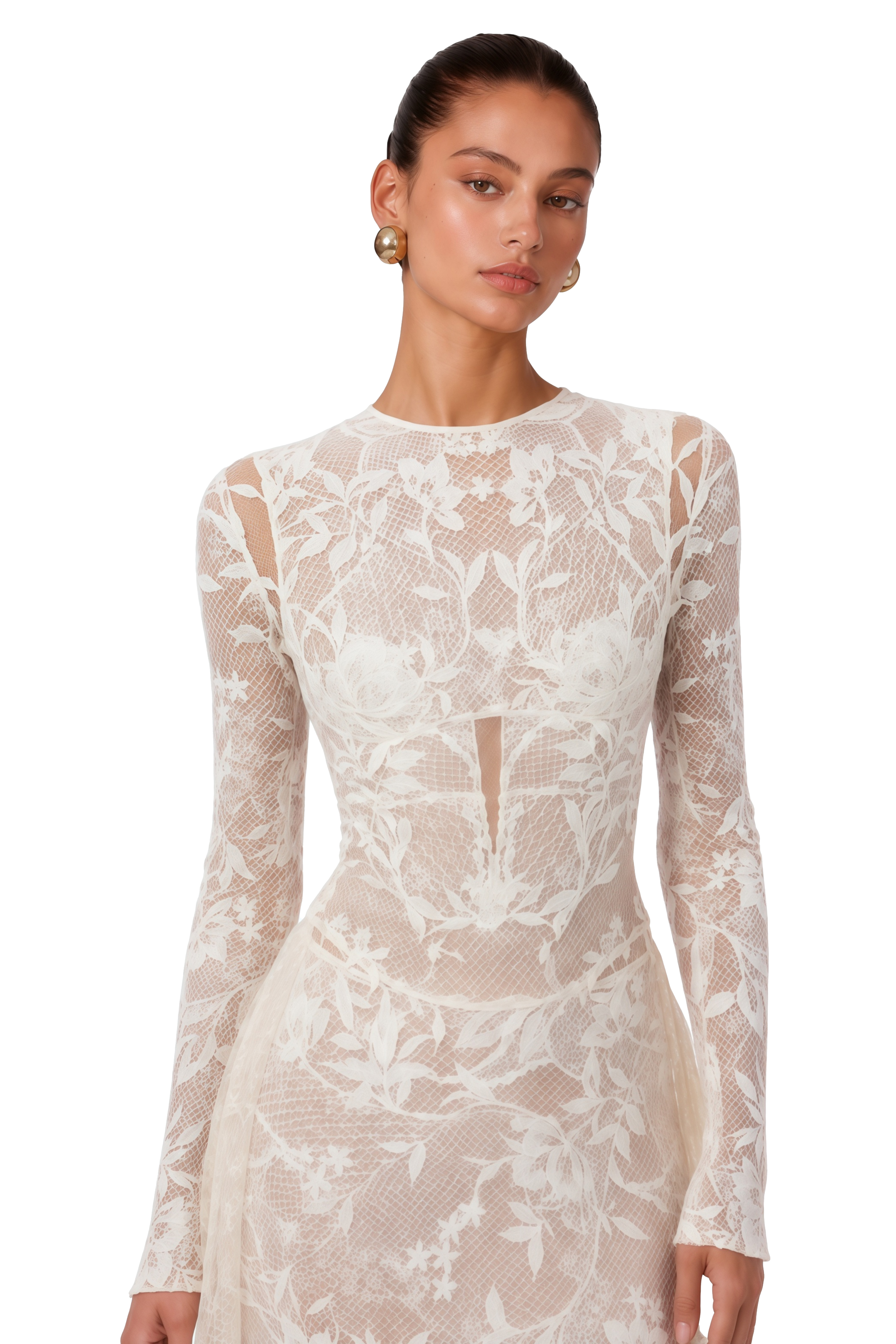 Amber White Long Sleeve Floral Lace Midi Dress