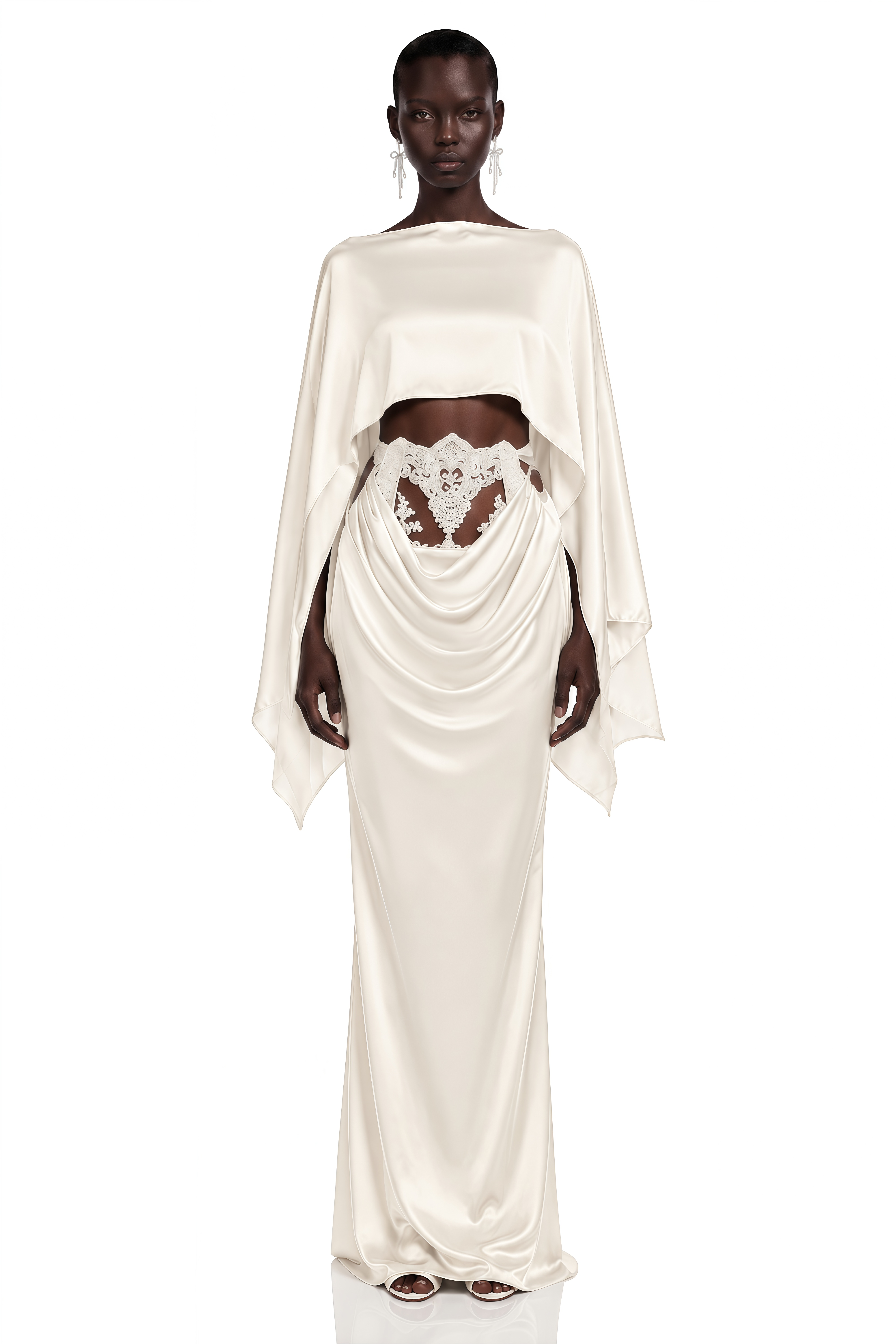 Amelia White Cape Top & Draped Skirt Set with Lace Panels