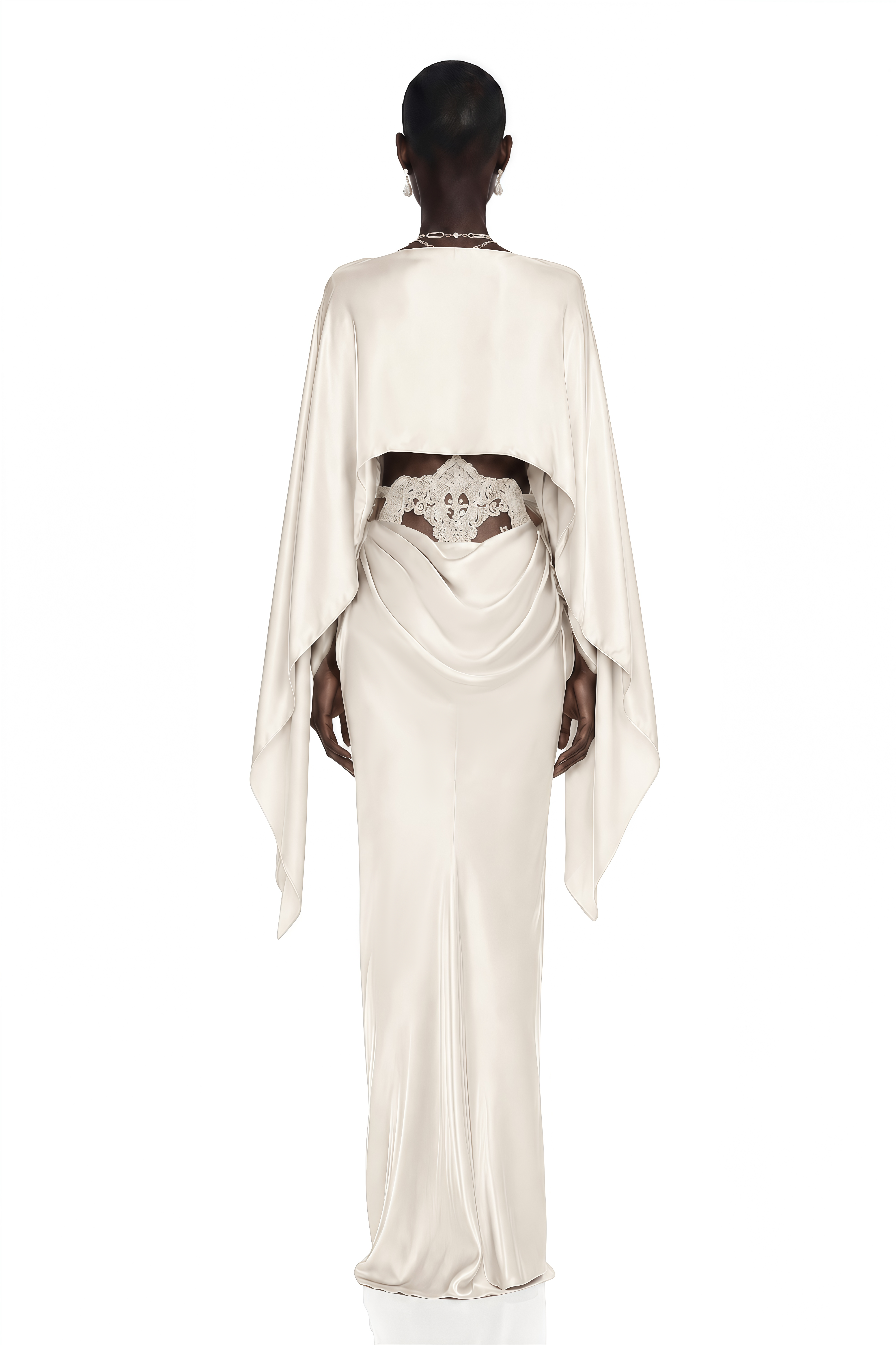 Amelia White Cape Top & Draped Skirt Set with Lace Panels
