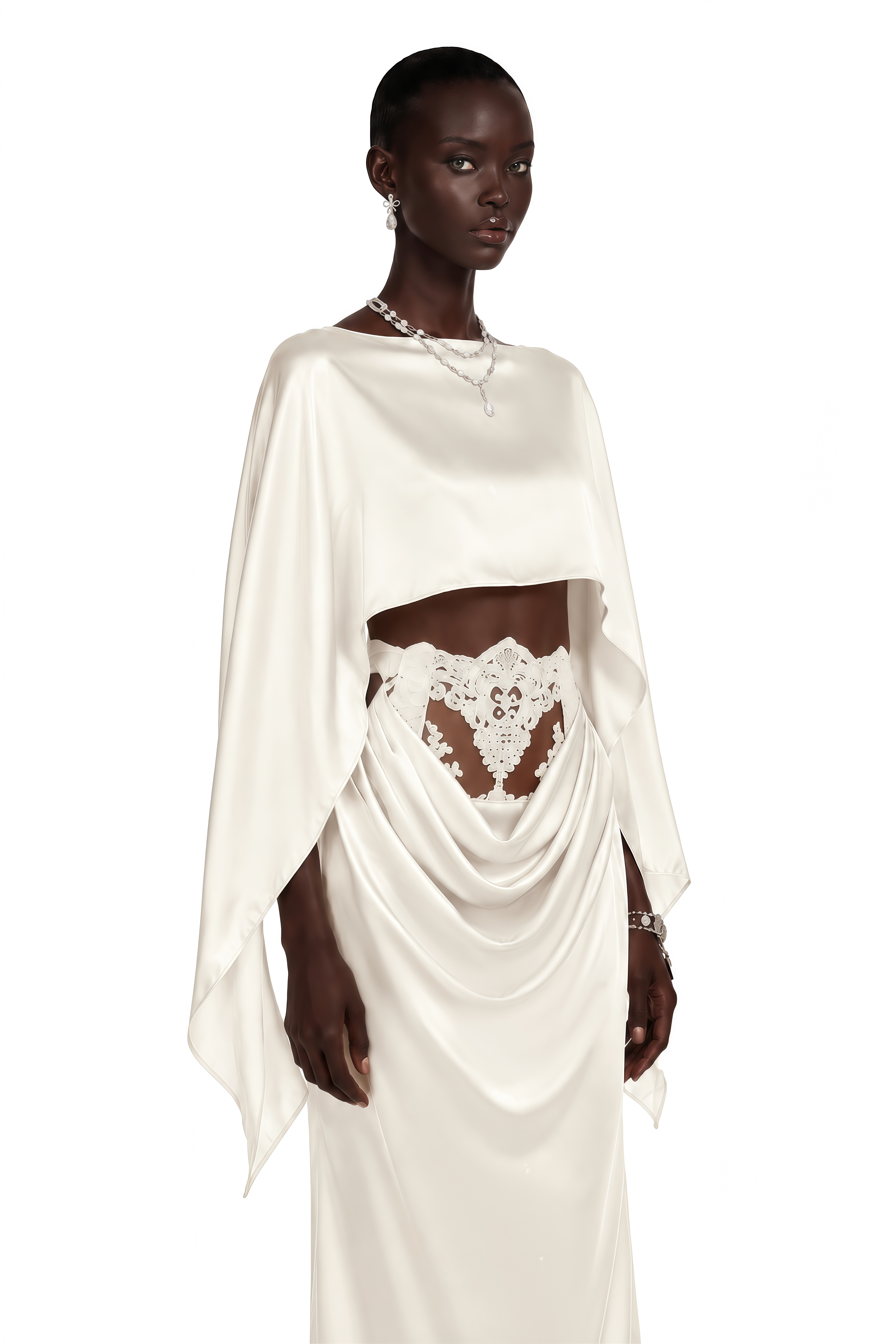 Amelia White Cape Top & Draped Skirt Set with Lace Panels