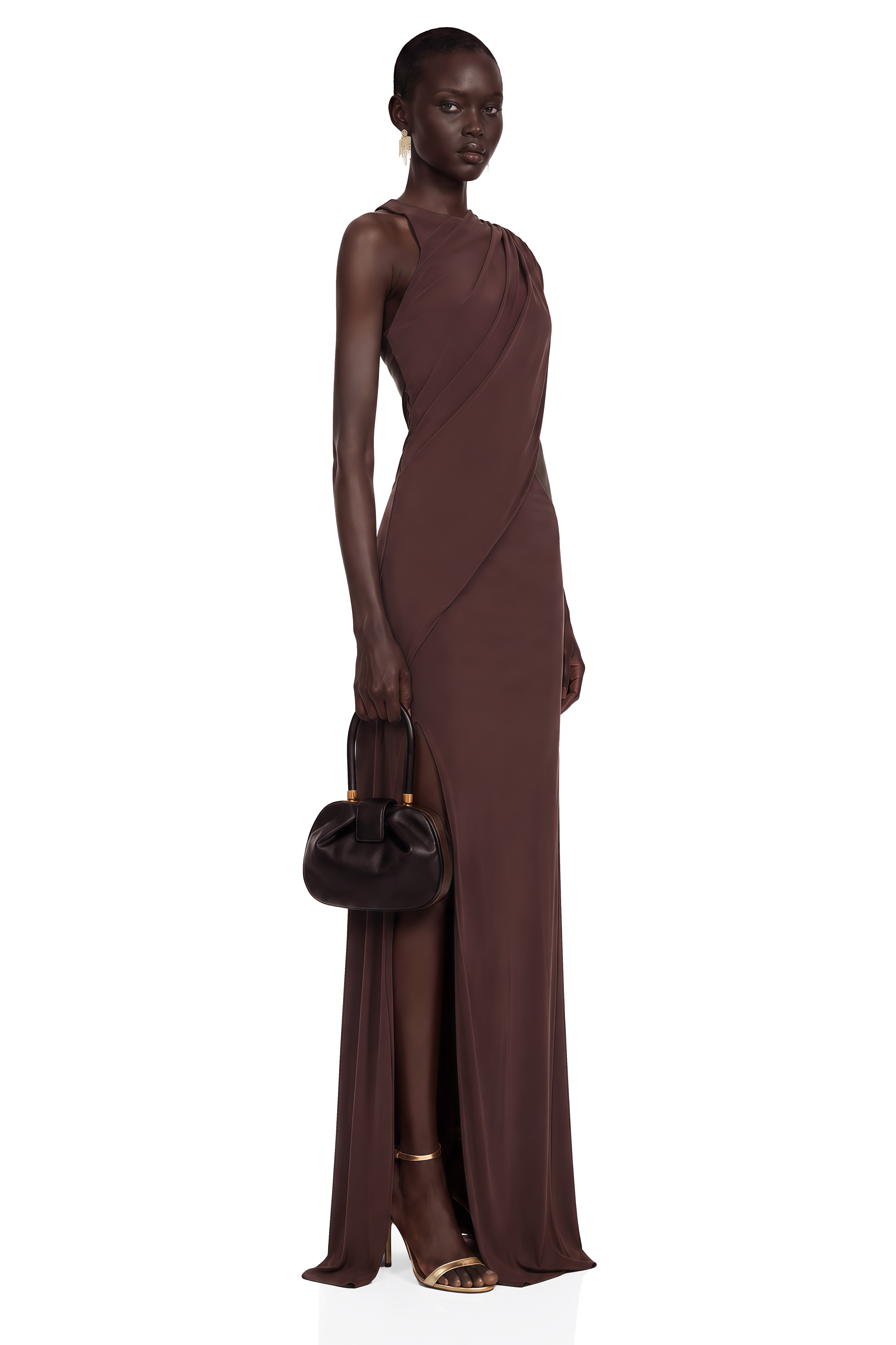 Amore Chocolate Brown One Shoulder Ruched Maxi Dress