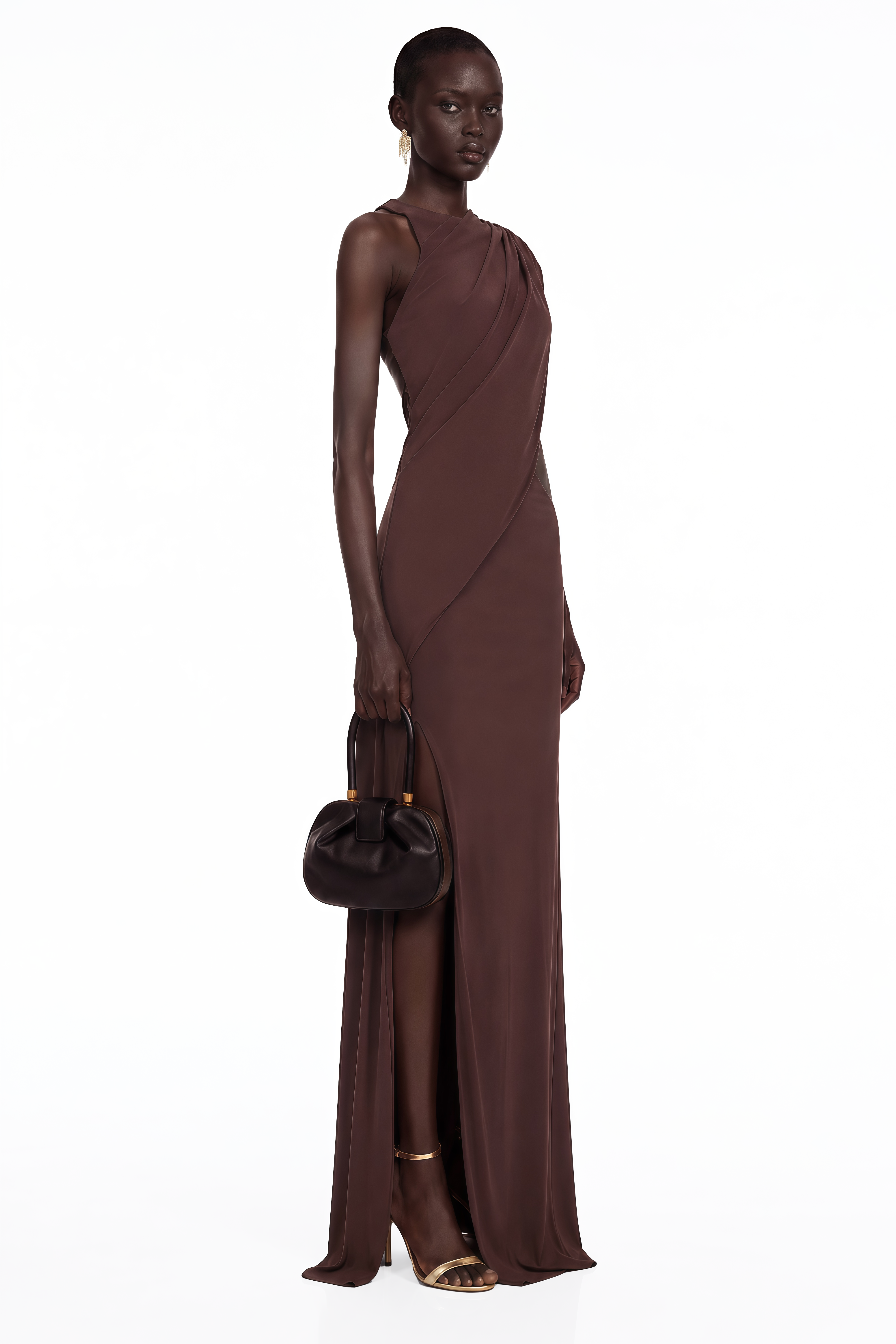 Dark brown maxi dress featuring a one-shoulder neckline, asymmetric draped overlay, and a high front slit