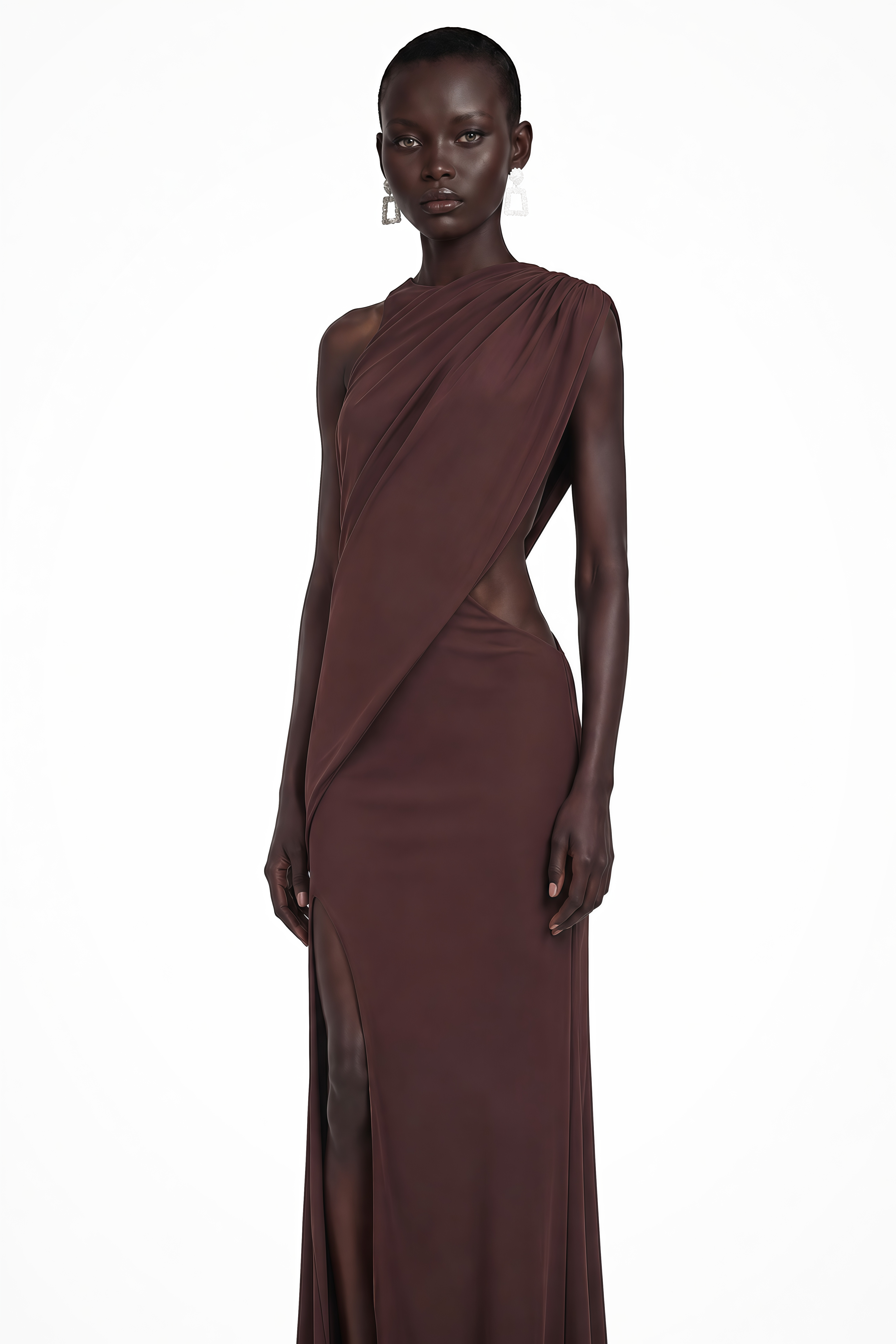 Dark brown maxi dress featuring a one-shoulder neckline, asymmetric draped overlay, and a high front slit