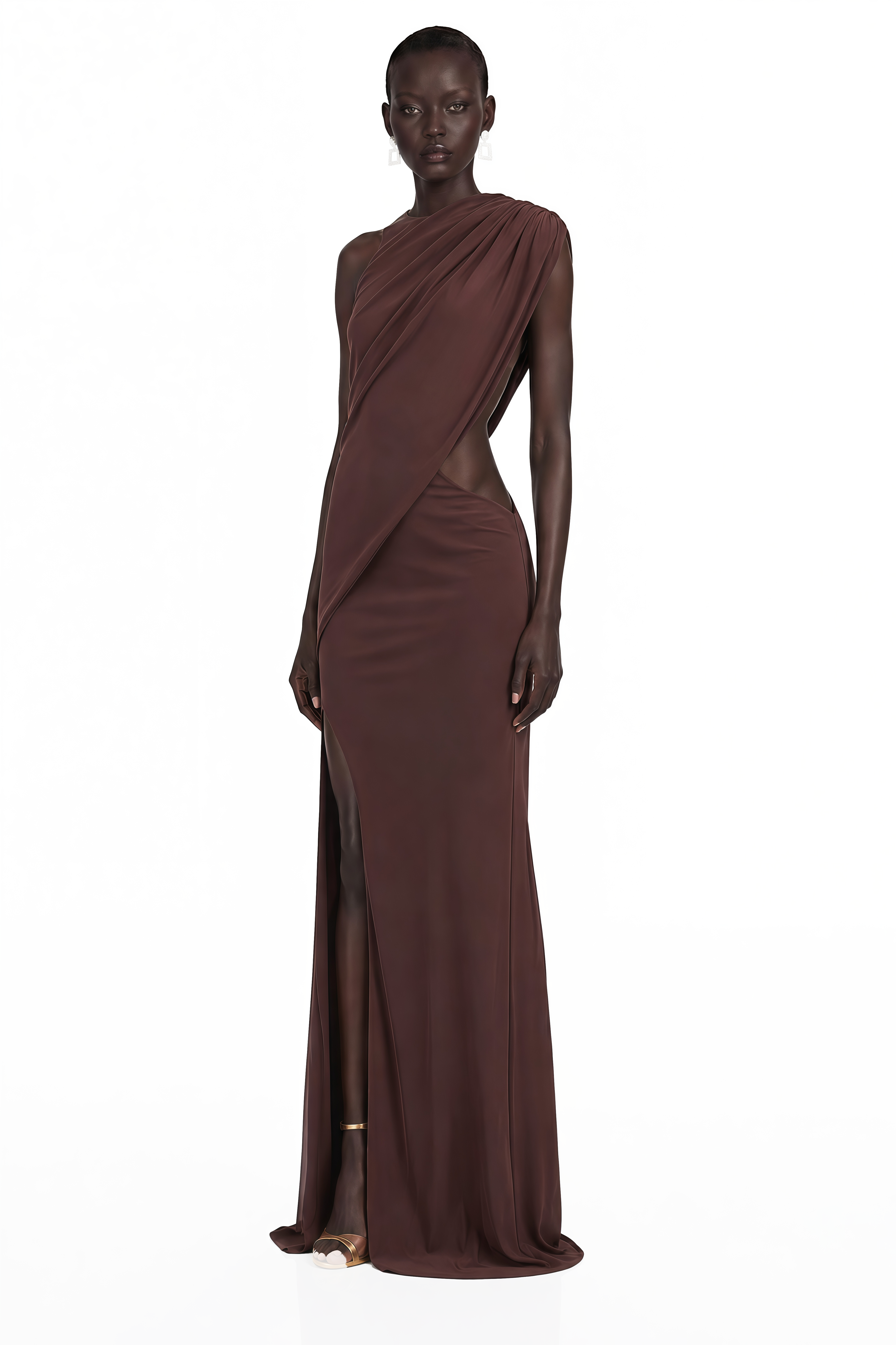 Dark brown maxi dress featuring a one-shoulder neckline, asymmetric draped overlay, and a high front slit