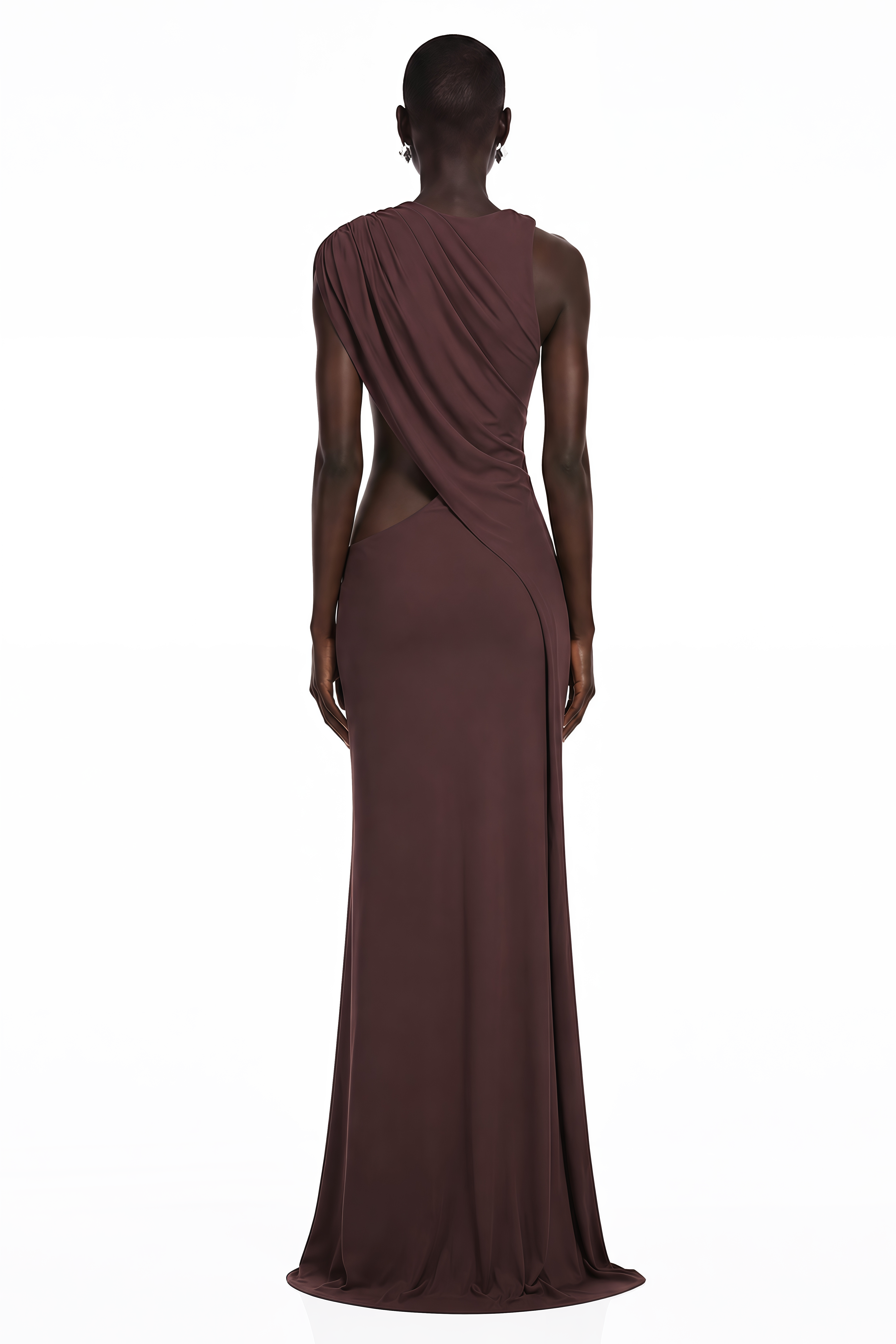 Dark brown maxi dress featuring a one-shoulder neckline, asymmetric draped overlay, and a high front slit