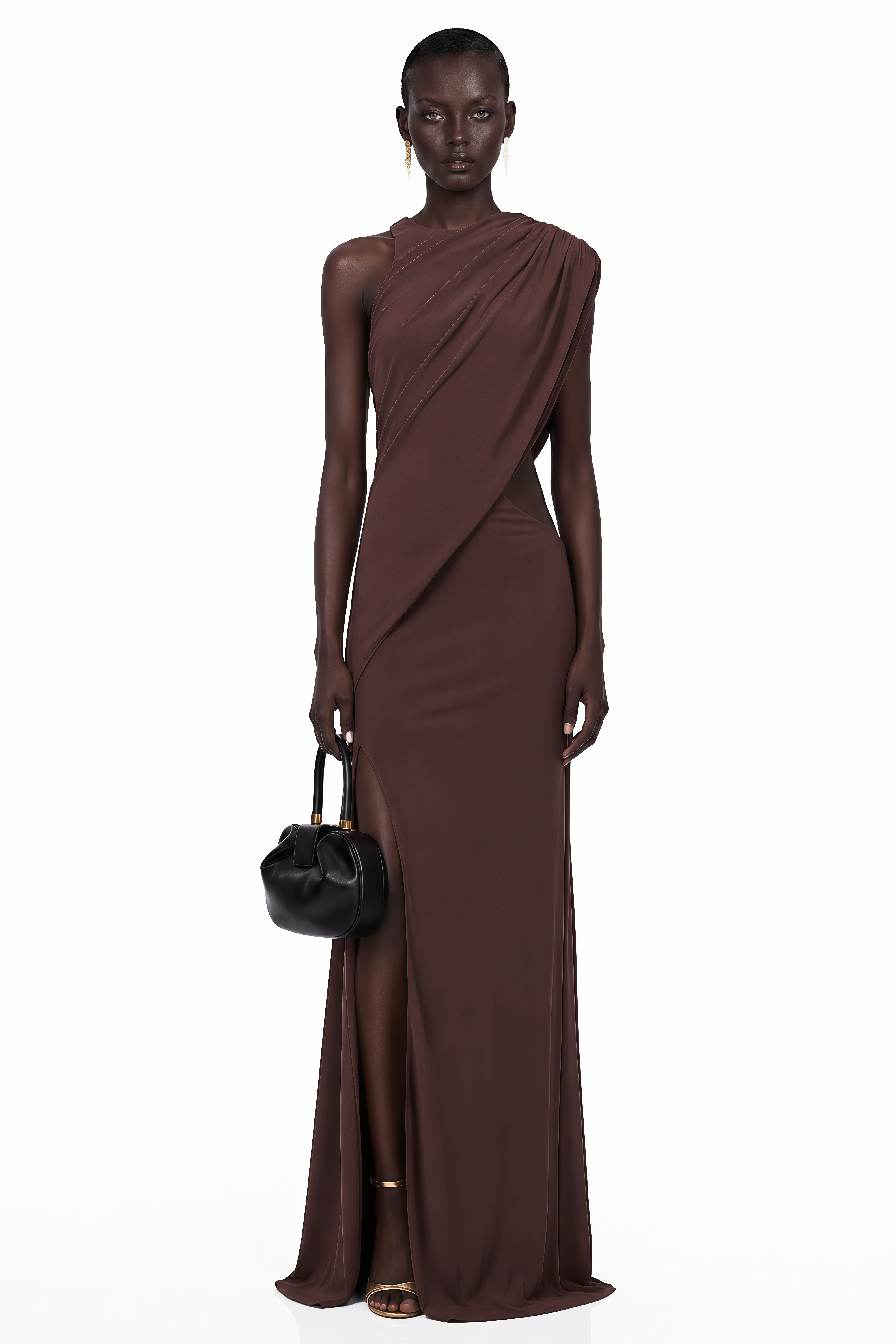 Dark brown maxi dress featuring a one-shoulder neckline, asymmetric draped overlay, and a high front slit