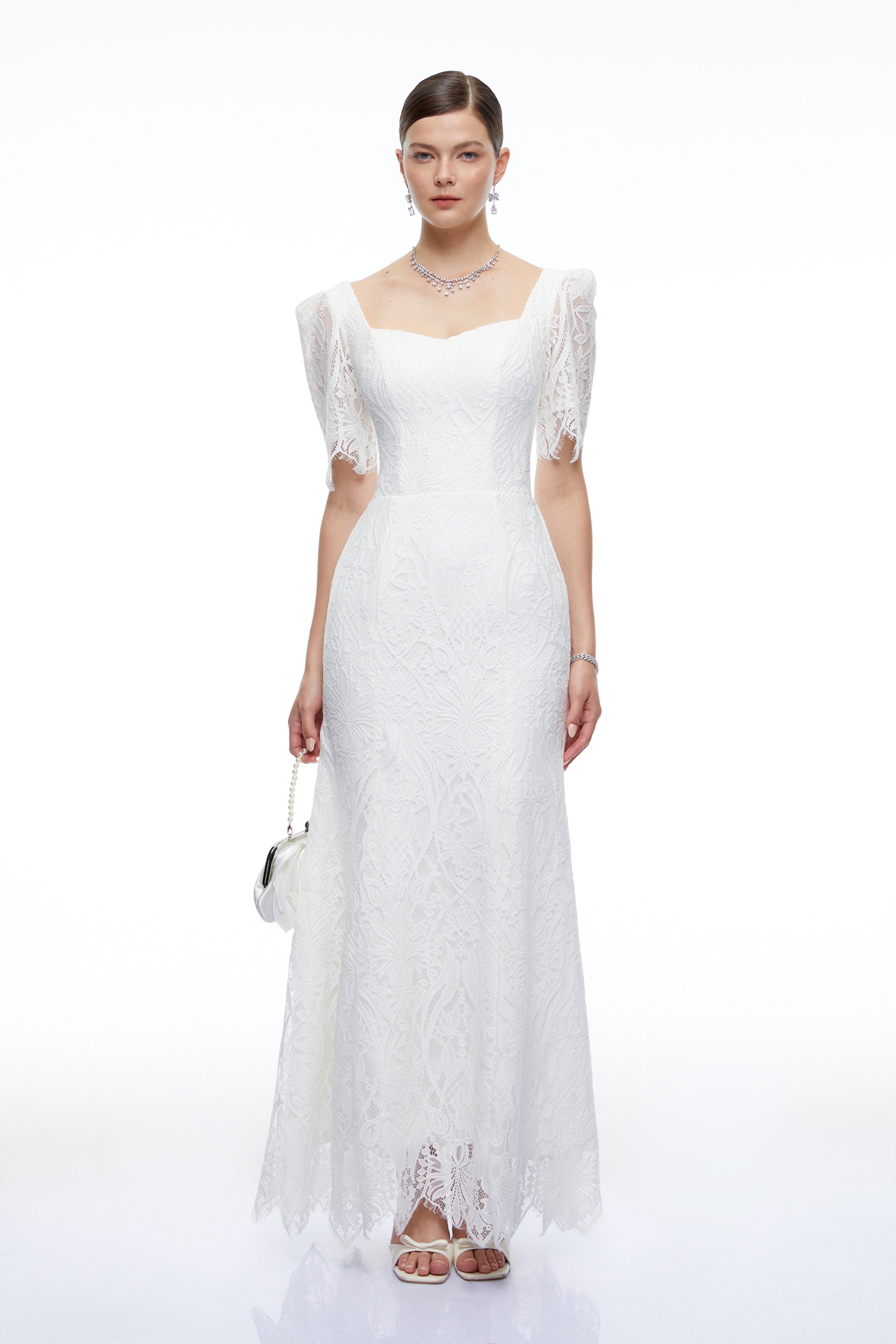 Amoret White Lace Maxi Dress with Puff Sleeve