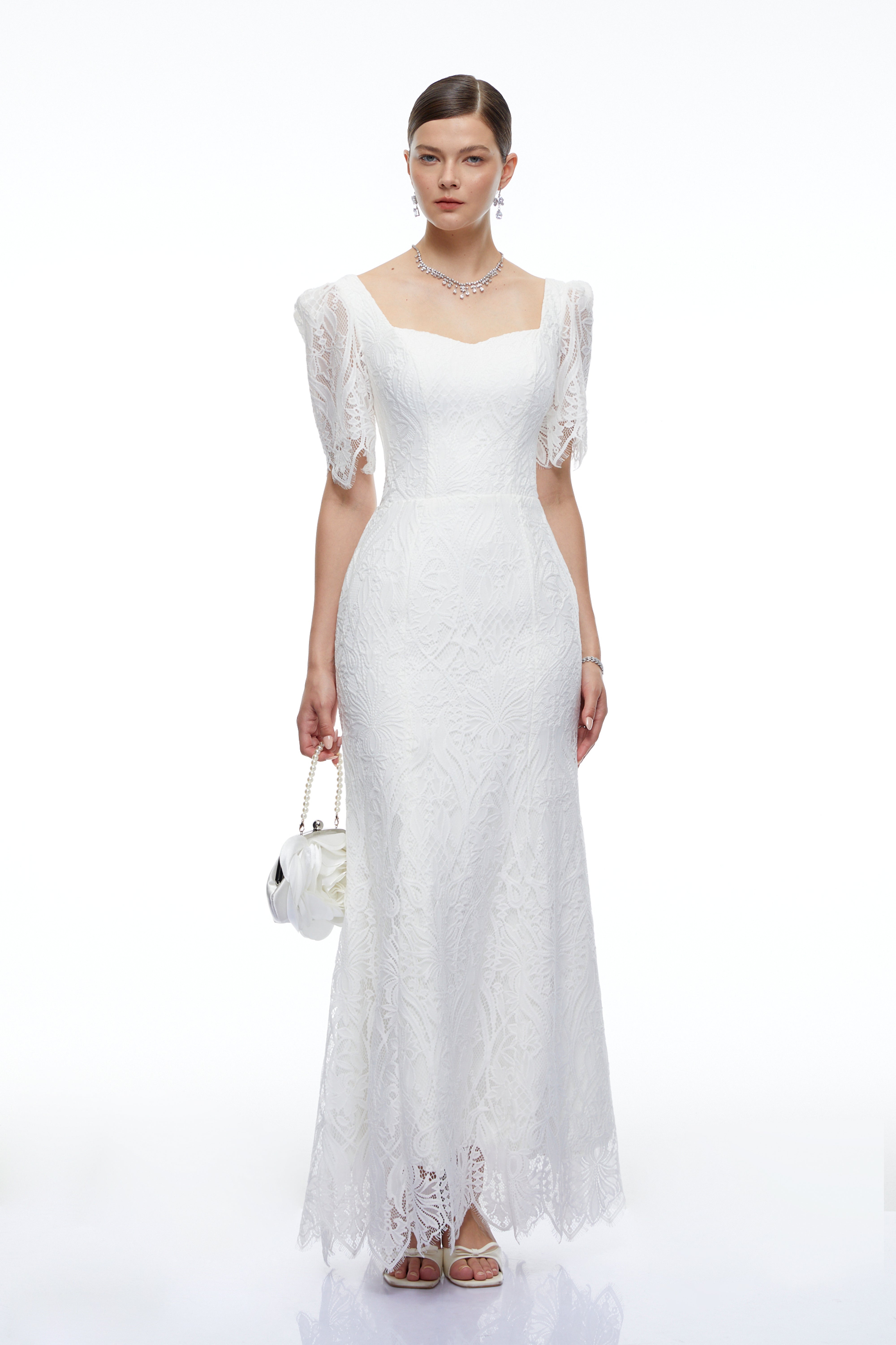 Amoret White Lace Maxi Dress with Puff Sleeve