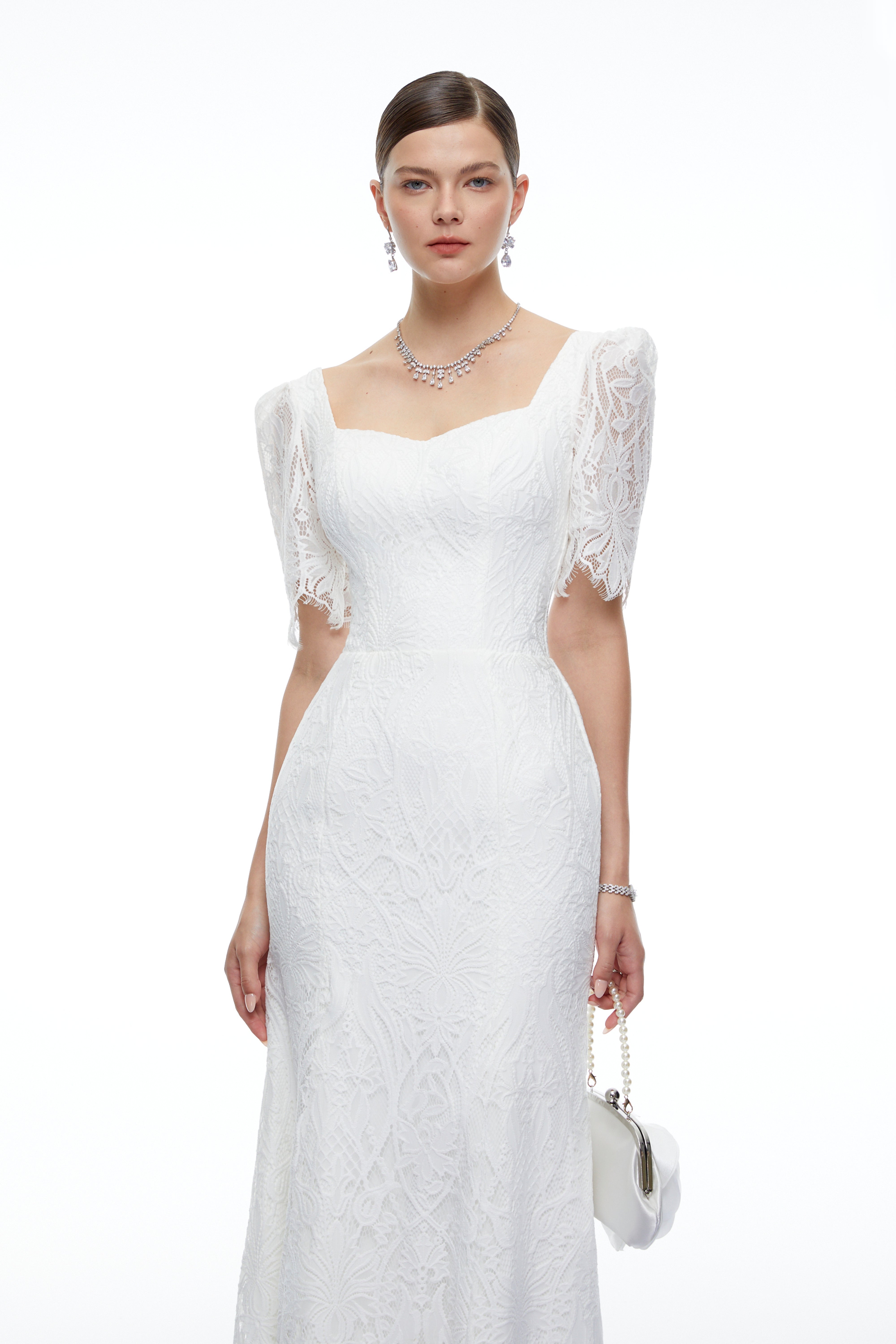 Amoret White Lace Maxi Dress with Puff Sleeve