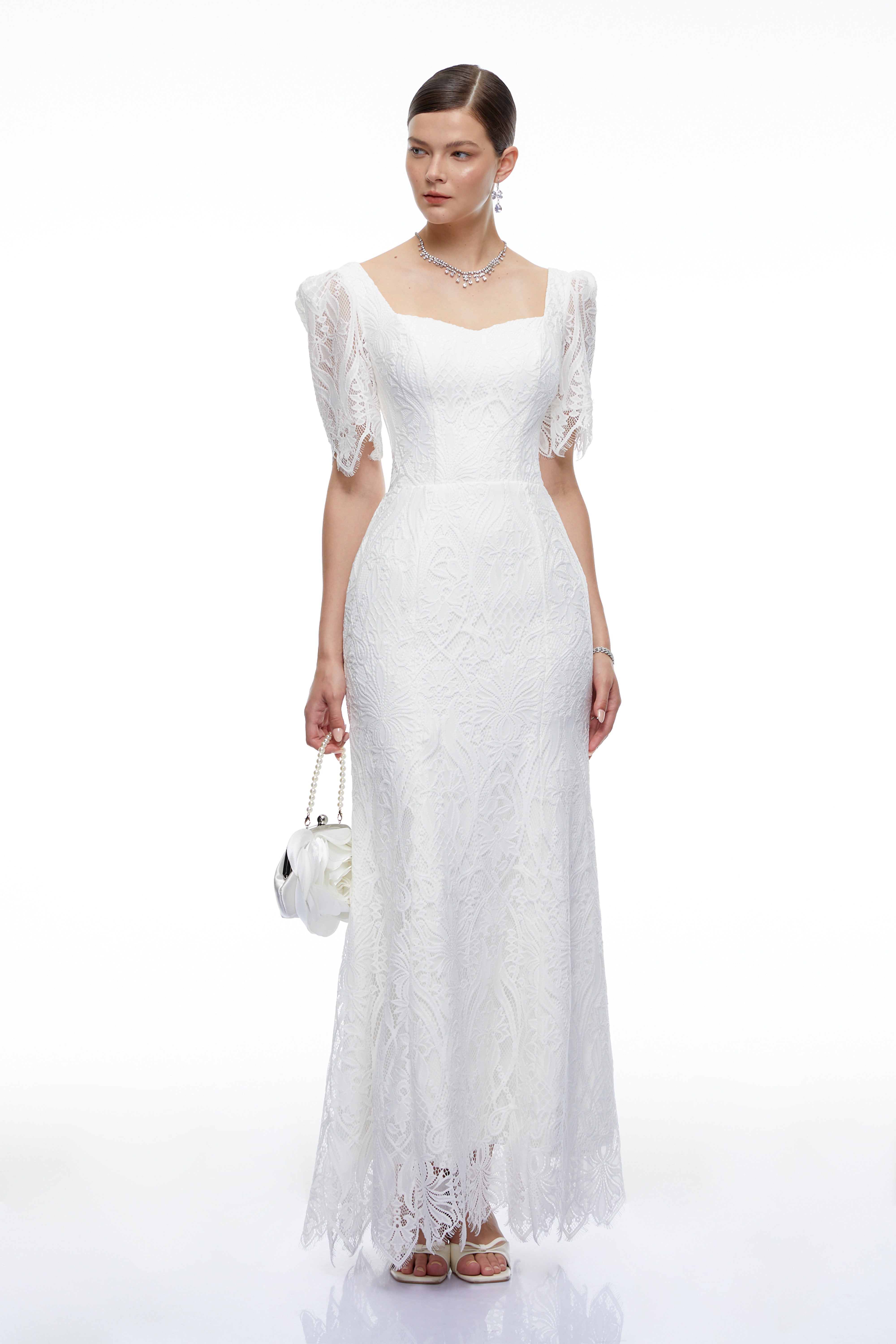 Amoret White Lace Maxi Dress with Puff Sleeve