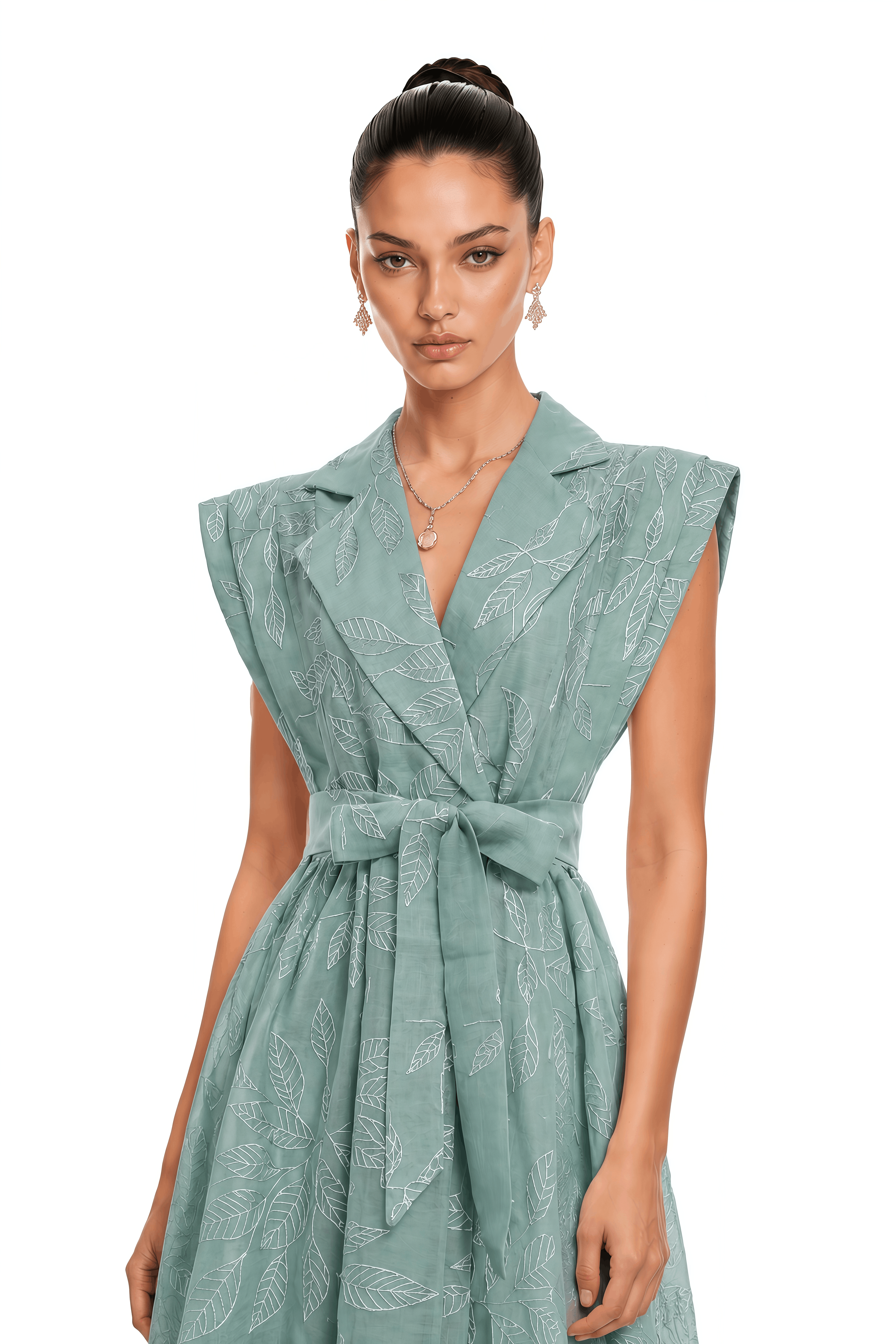 Amoura Green Embroidered Belted Midi Dress