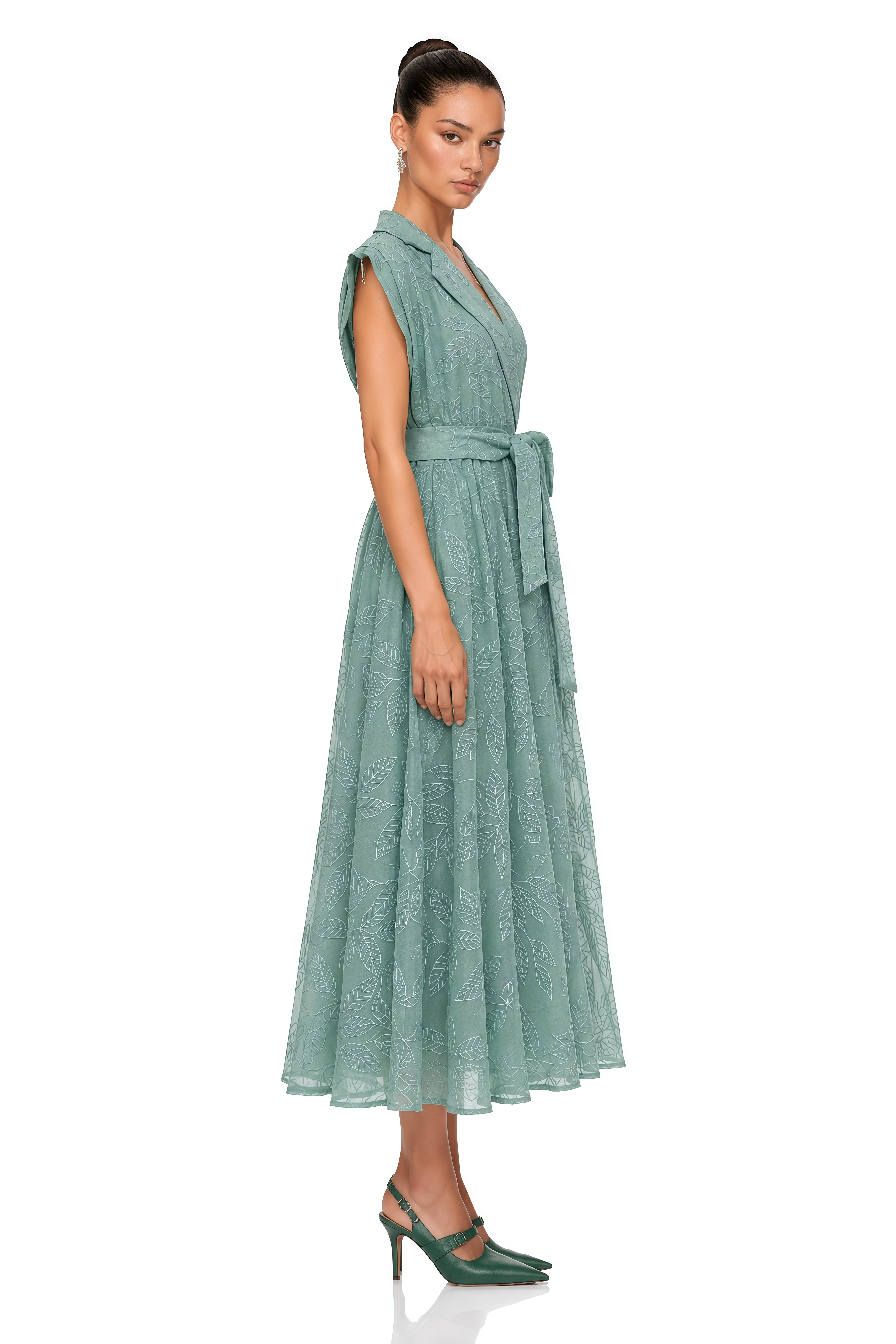 Amoura Green Embroidered Belted Midi Dress