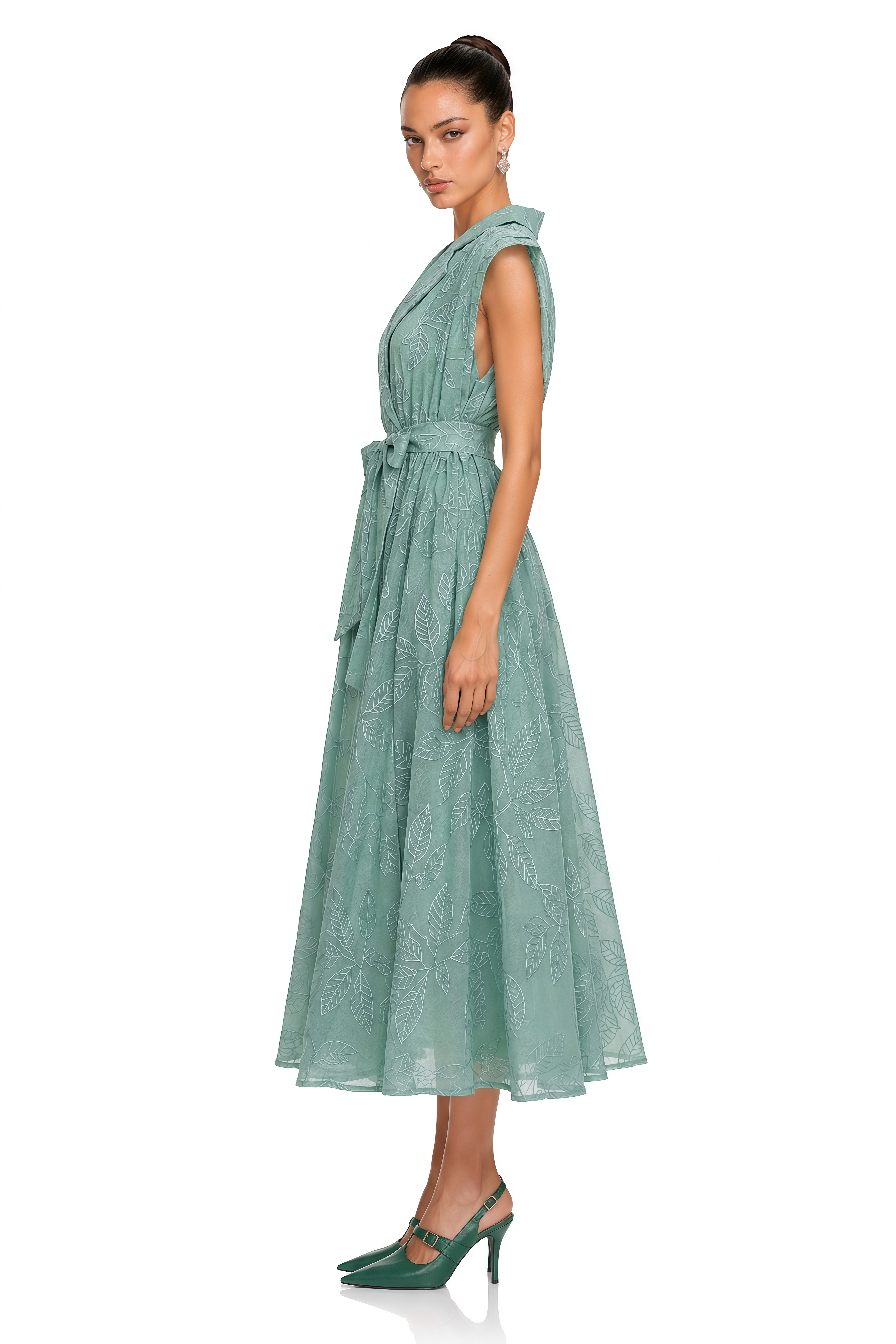 Amoura Green Embroidered Belted Midi Dress
