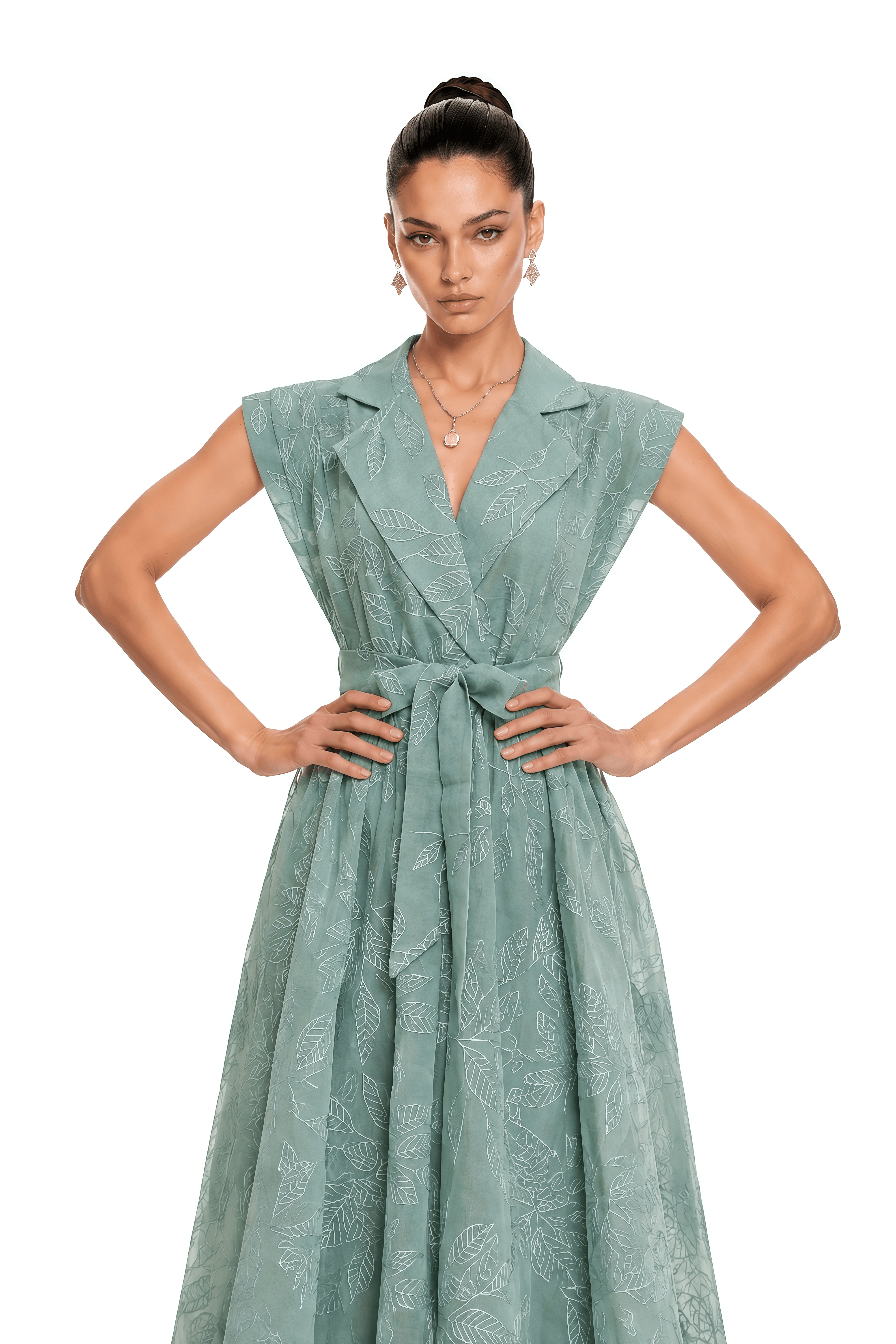 Amoura Green Embroidered Belted Midi Dress