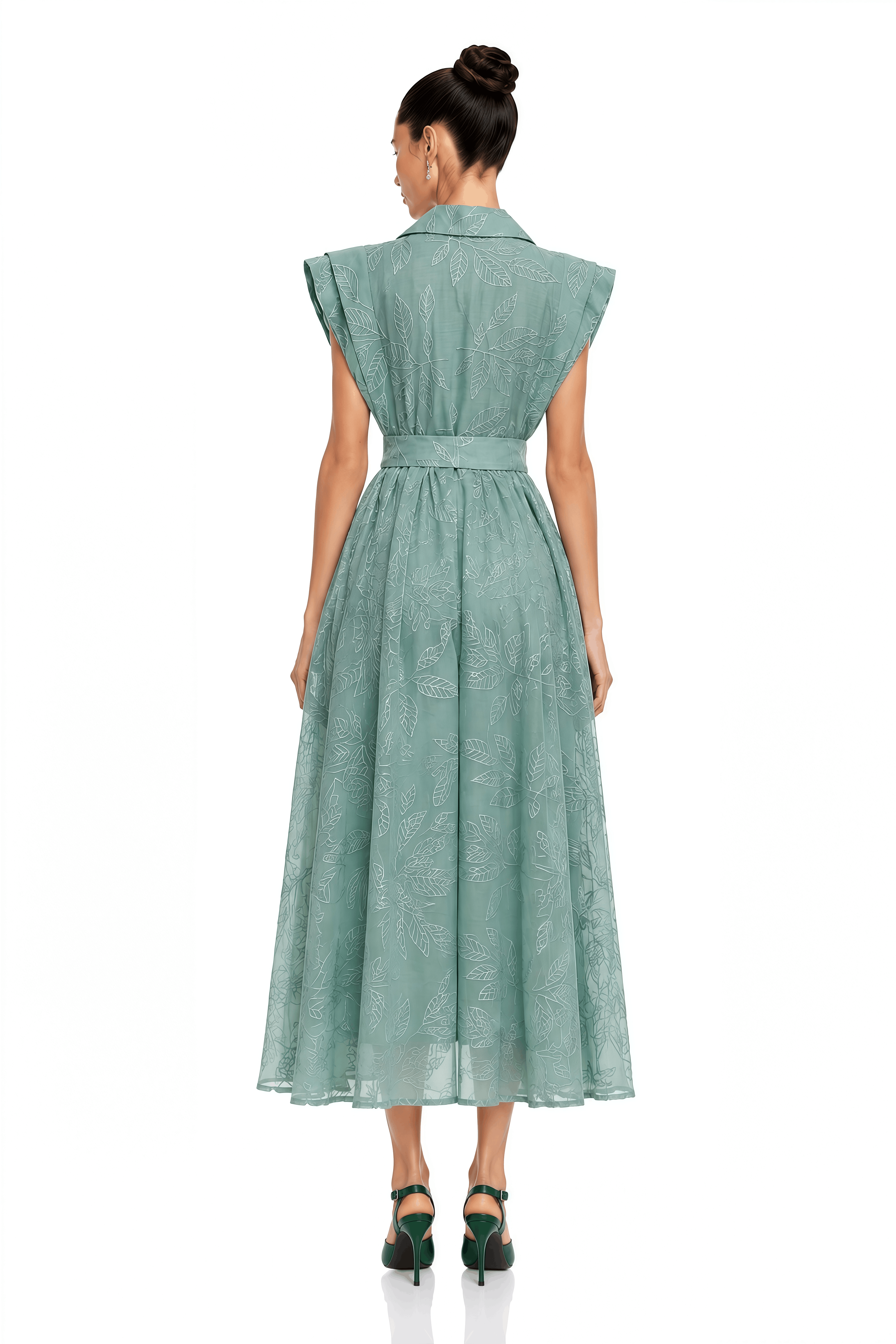 Amoura Green Embroidered Belted Midi Dress