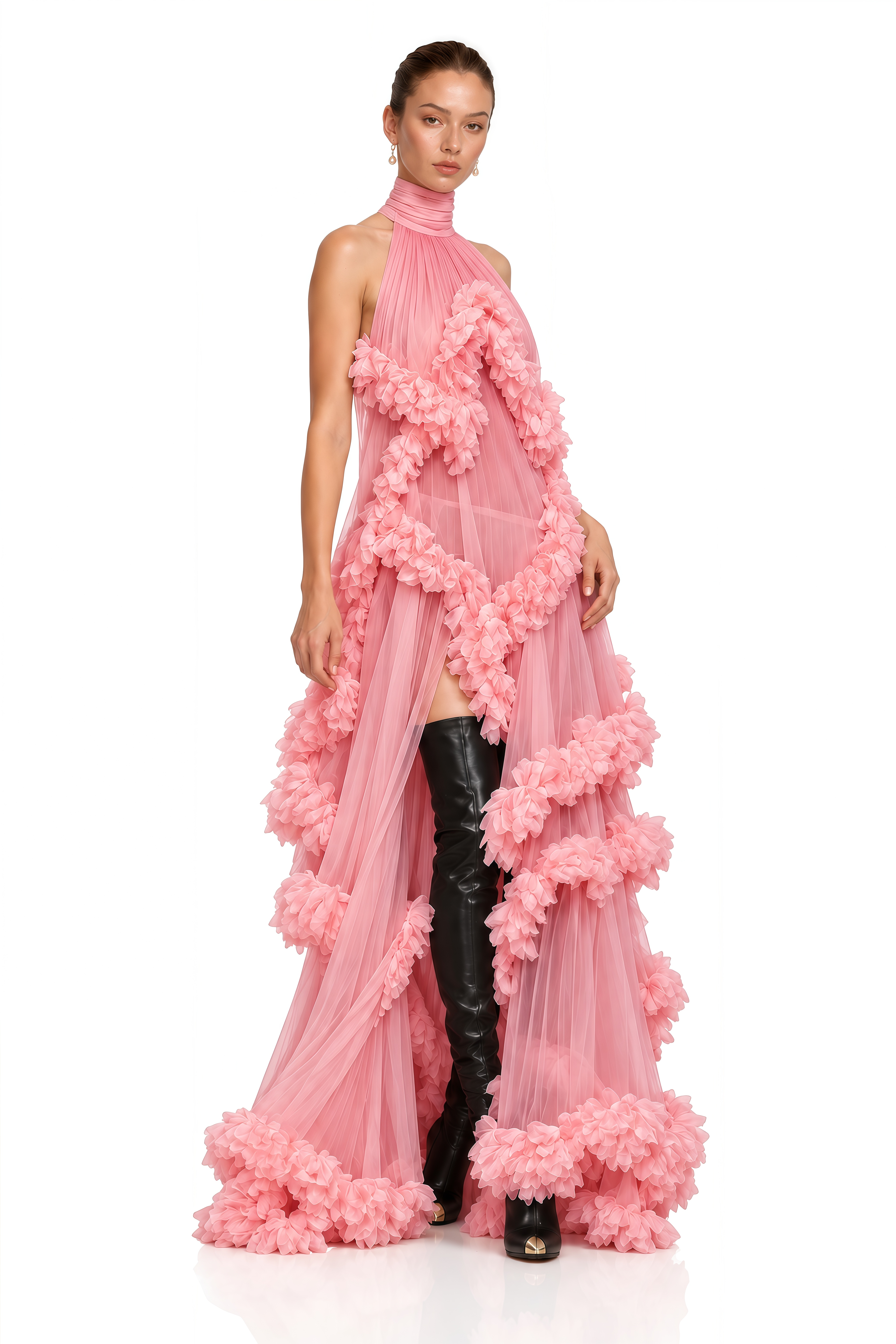 Anahere Pink Turtleneck Maxi Dress with Slit and 3D Florals