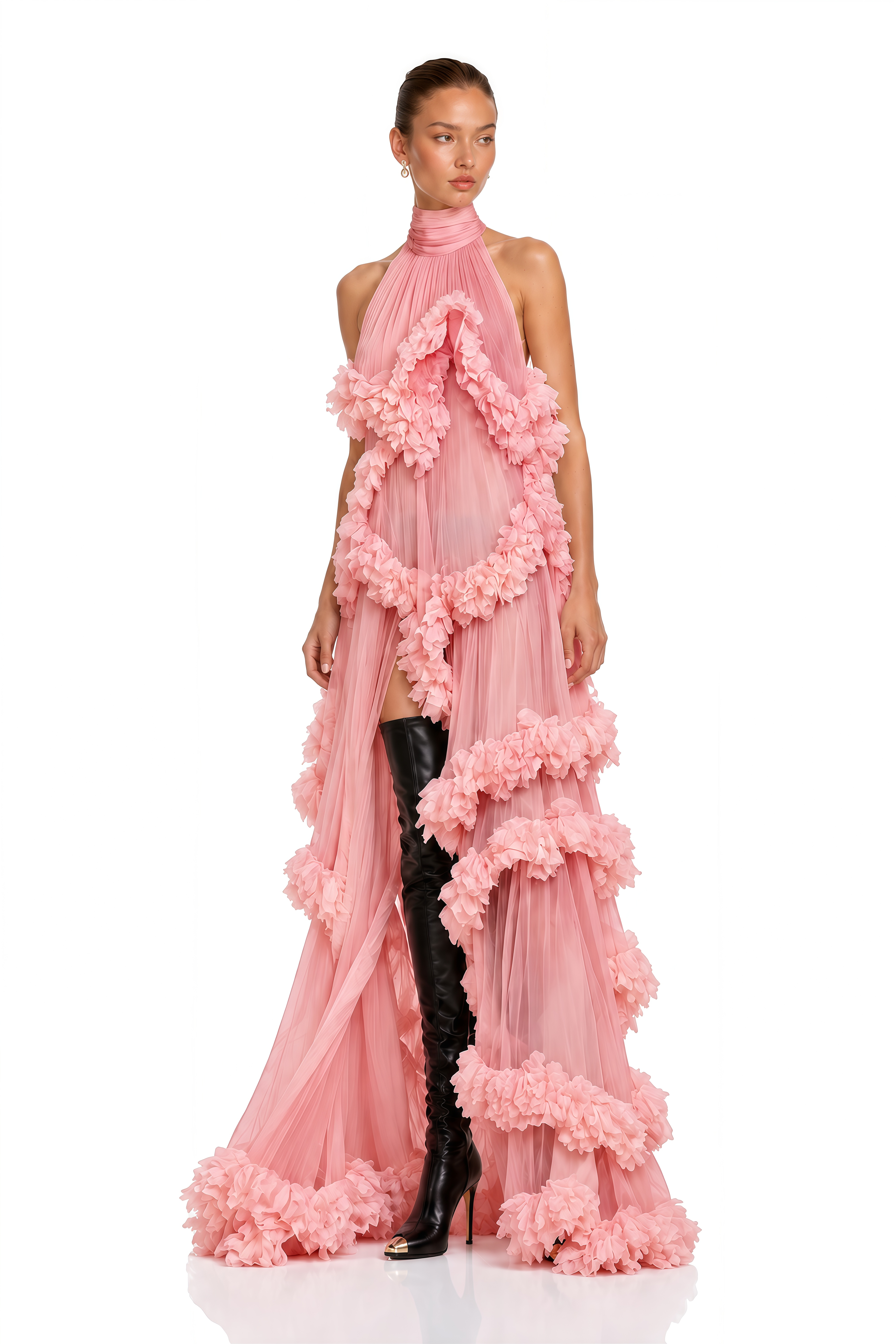 Anahere Pink Turtleneck Maxi Dress with Slit and 3D Florals